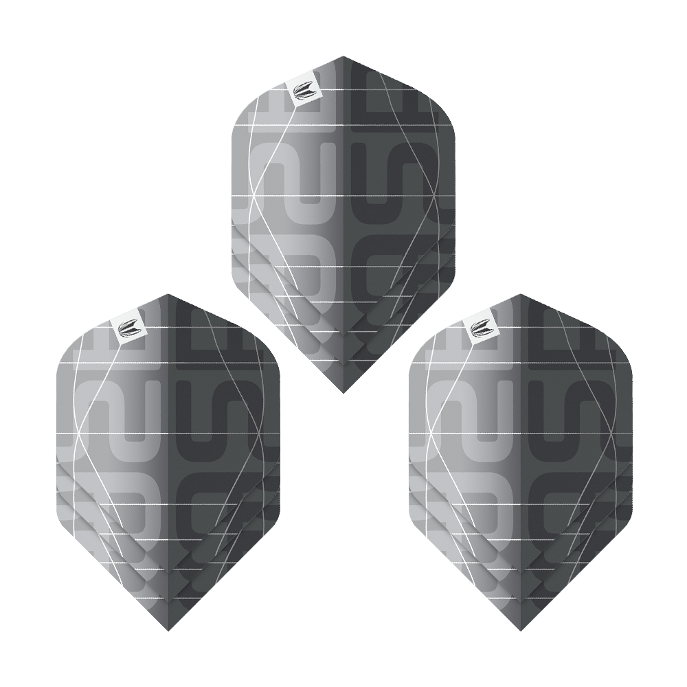 Das Bild zeigt drei schwarze und graue Dartflights mit modernem Muster. Es handelt sich um das Produkt "Target Pro Ultra Aspinall X Echo No2 Standard Flights - 3 Sets".