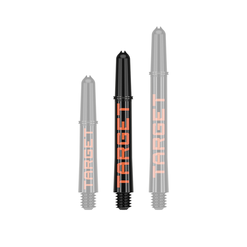 Target Pro Grip TAG Shafts - 3 Sets - Schwarz Orange Auf dem Bild sind drei schwarze Dartschäfte in unterschiedlicher Länge zu sehen. Auf jedem Schaft steht in orangefarbenen Buchstaben das Wort "TARGET".