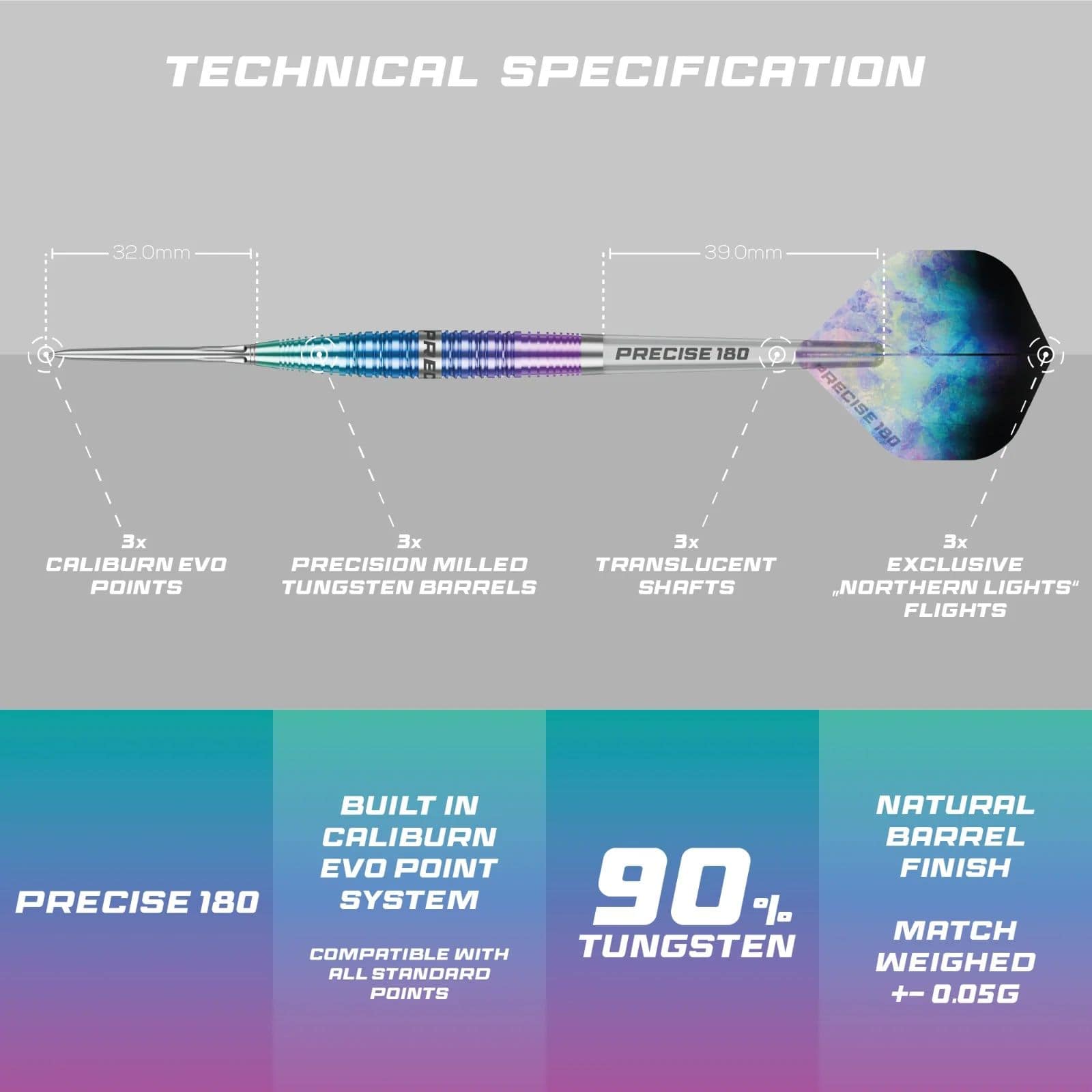 Precise 180 Northern Lights Steeldarts Zu sehen sind die Precise 180 Northern Lights Steeldarts. Diese Steeldarts überzeugen durch hochwertige Verarbeitung.
