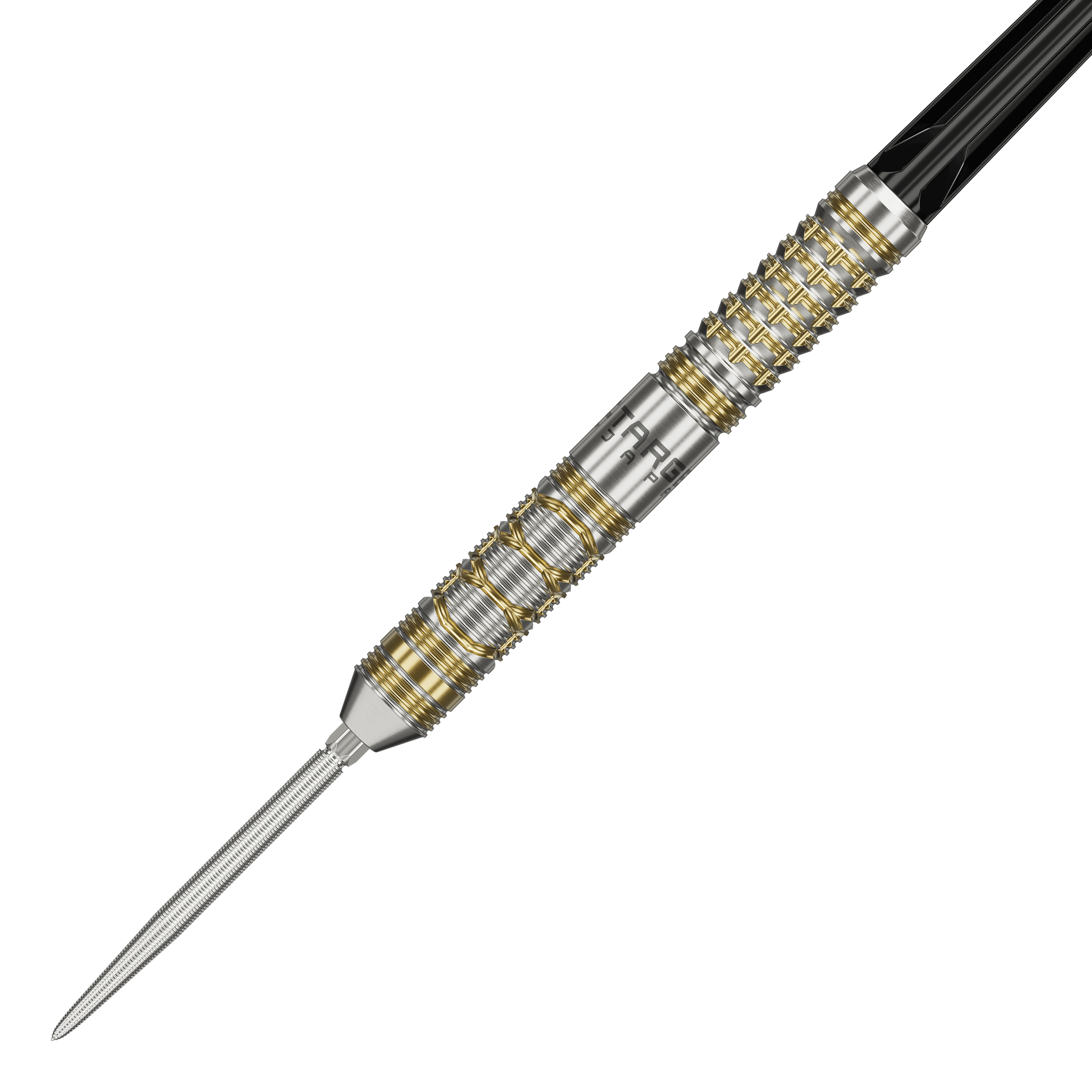 Das Bild zeigt einen eleganten Steeldart mit silbernen und goldenen Akzenten. Es handelt sich um das Produkt "Target Japan Black Marque Reyn GEN2 Steeldarts".
