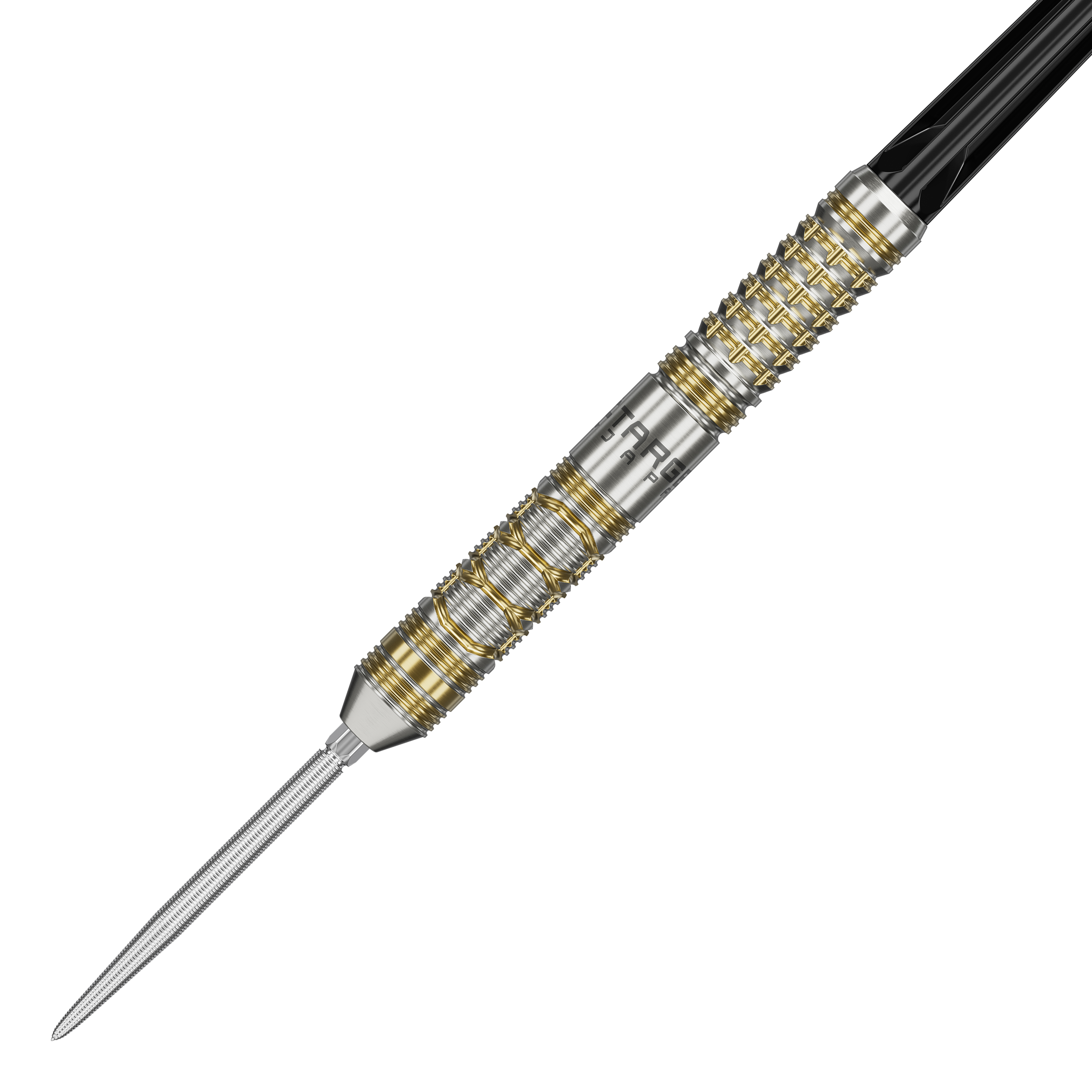 Target Japan Black Marque Reyn GEN2 Steeldarts Das Bild zeigt einen eleganten Steeldart mit silbernen und goldenen Akzenten. Es handelt sich um das Produkt "Target Japan Black Marque Reyn GEN2 Steeldarts".