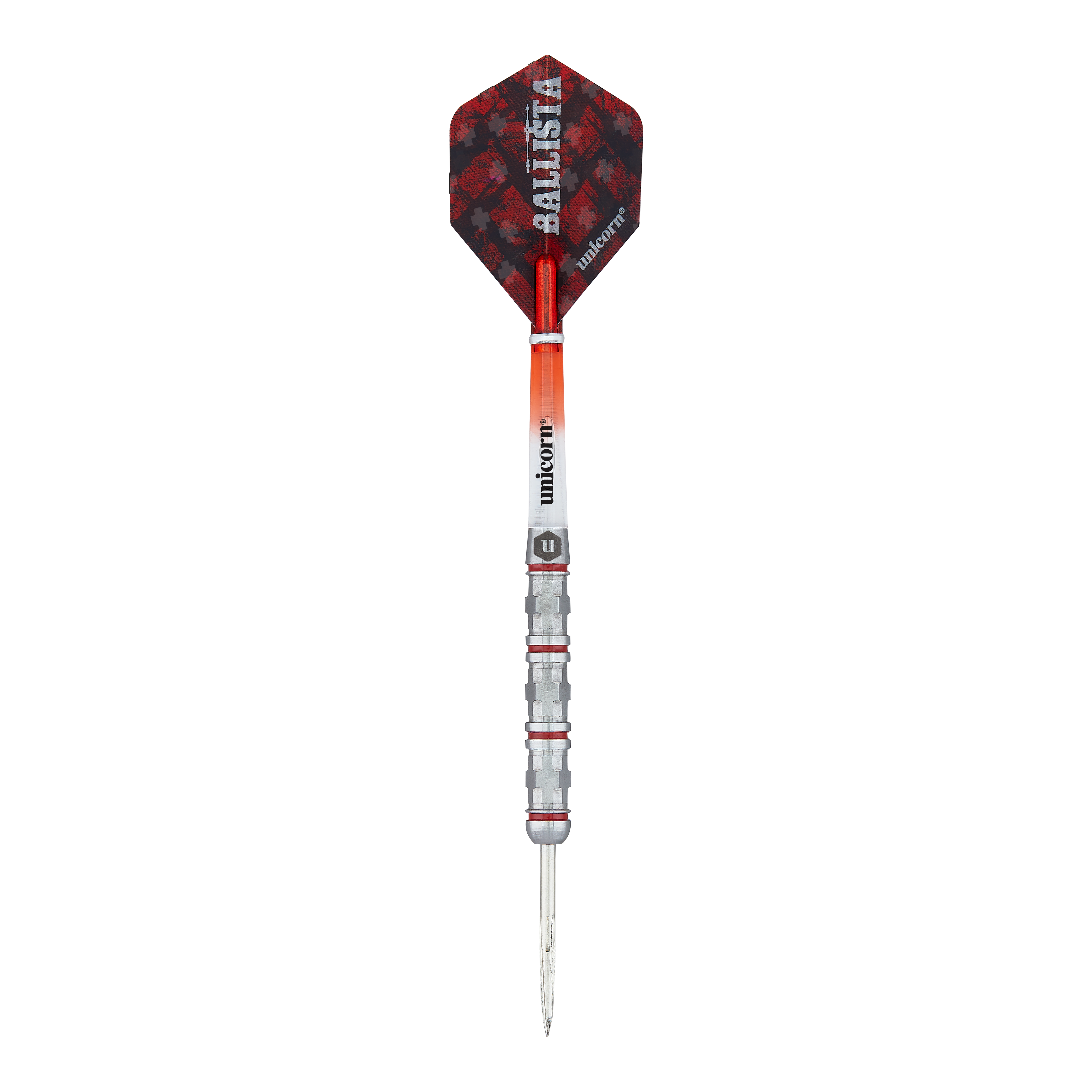 Das Bild zeigt einen Steeldart namens "Unicorn Ballista Style 4". Der Dart hat eine silberne Spitze, einen strukturierten Griff und rote sowie schwarze Akzente am Flight.