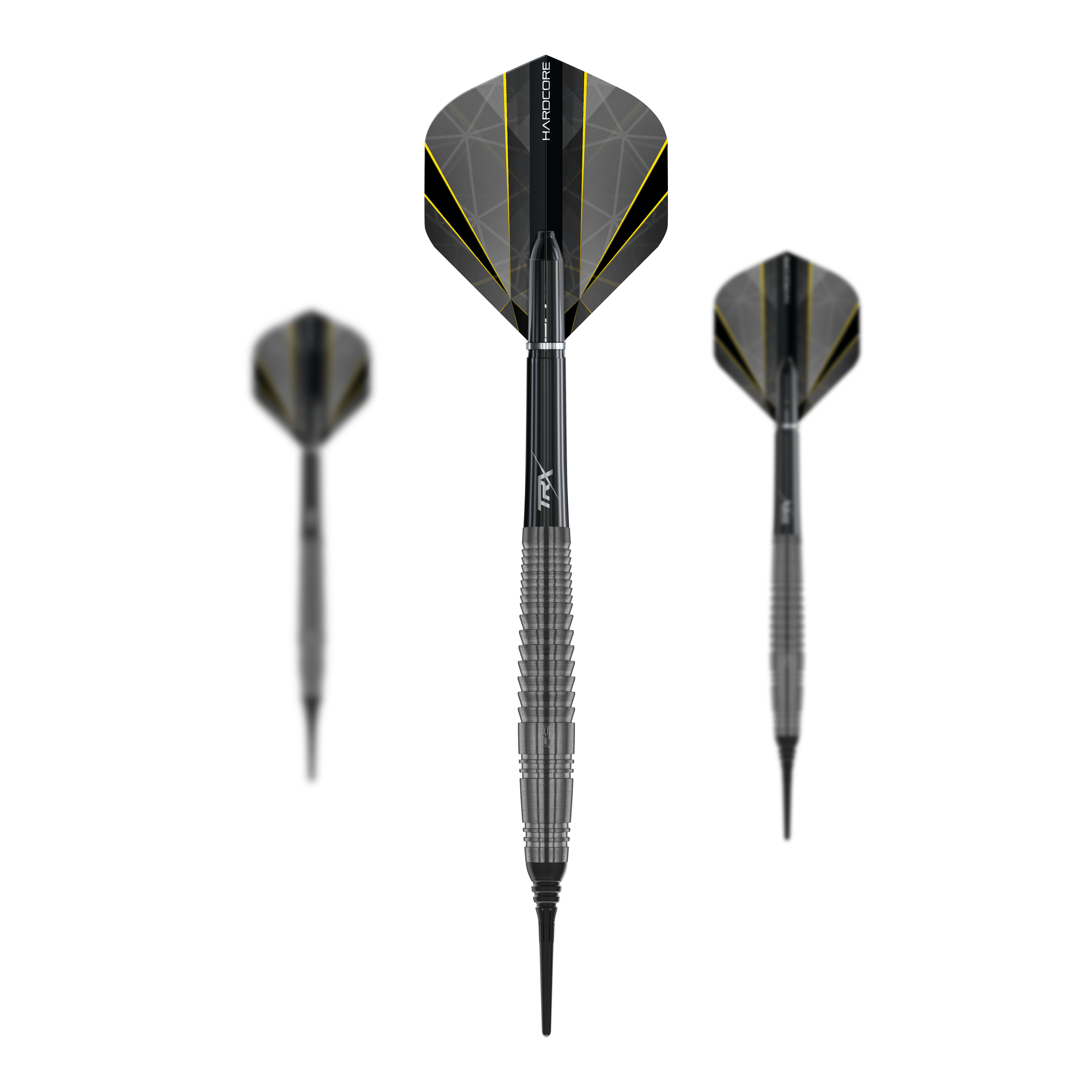 Das Bild zeigt drei Softdarts des Produkts "Red Dragon Seren 4 Onyx Softdarts - 20g". Die Darts haben ein schwarzes Design mit gelben Akzenten und geriffeltem Griff.