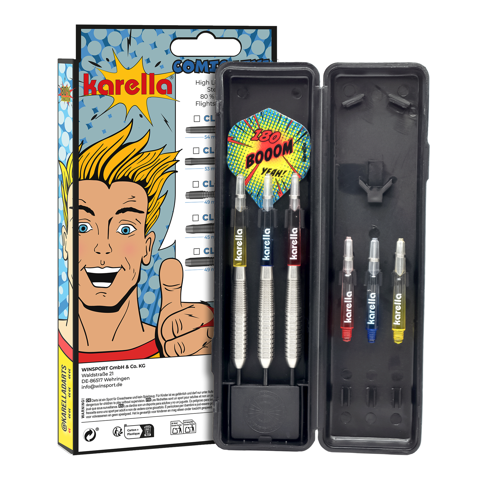 Abgebildet sind die Karella Comic Line CL-4 Steeldarts - 23g. Die Darts haben ein modernes Design und eine spezielle Gewichtsverteilung.
