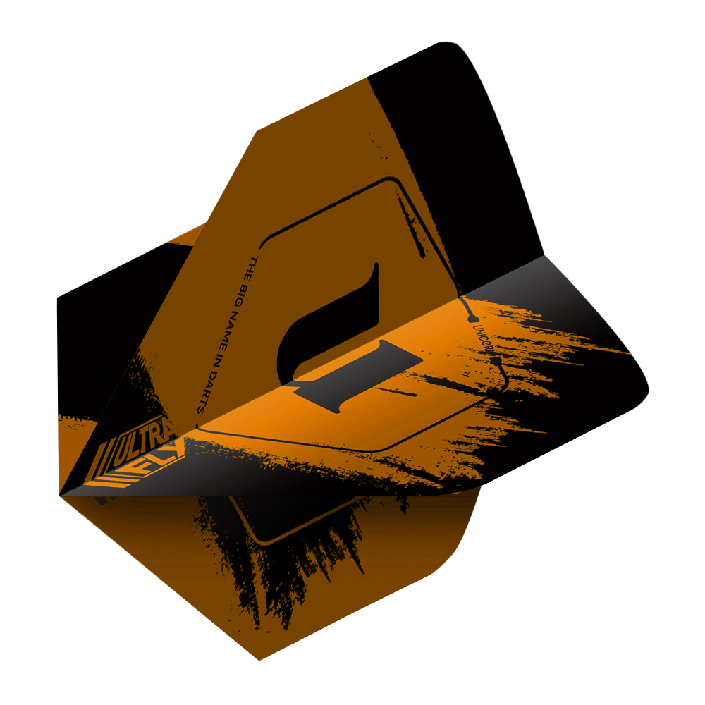 Das Bild zeigt ein orangefarbenes Dart-Flight mit schwarzem Muster und dem Schriftzug „ULTRAFLY“. Das Produkt ist das „Unicorn Ultrafly 100 Team Unicorn Big Wing Flights – Orange“.