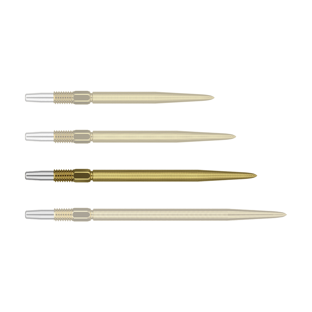 Das Bild zeigt vier goldfarbene Dartspitzen mit silbernem Ansatz. Sie sind in einer Reihe horizontal angeordnet.