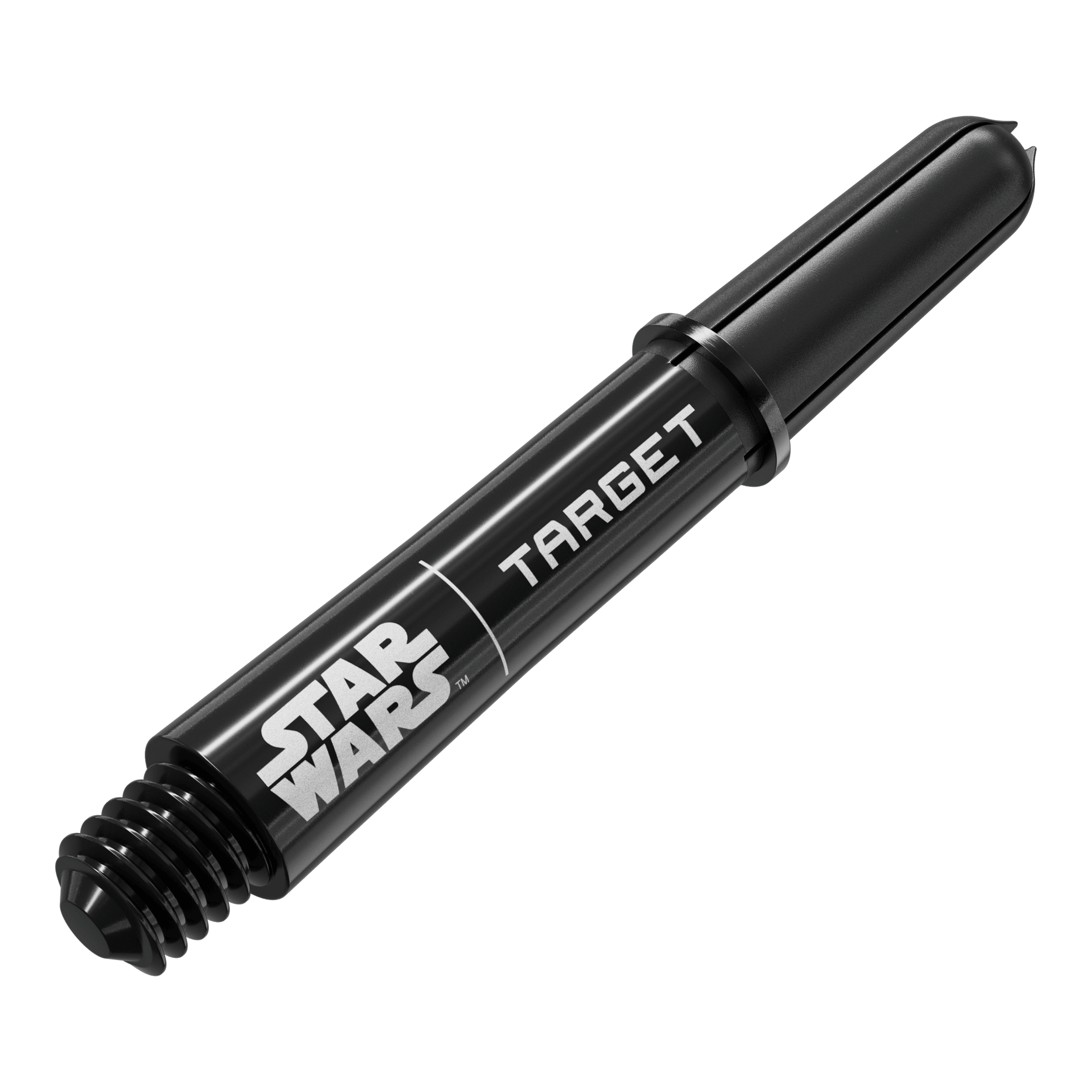 Target Star Wars ProGrip Shafts - Schwarz Das Bild zeigt das Produkt mit dem Dateinamen 380420_Target_StarWars_ProGrip_Shafts_Schwarz_Short_34mm_2. Es handelt sich wahrscheinlich um schwarze, kurze Dartshafts mit Star Wars-Design.