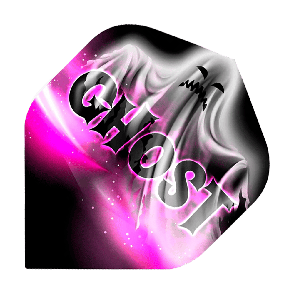 Das Bild zeigt ein Dartflight mit einem Geistermotiv und dem Wort "GHOST" groß darüber geschrieben. Die Farben sind hauptsächlich Schwarz, Weiß und Pink.