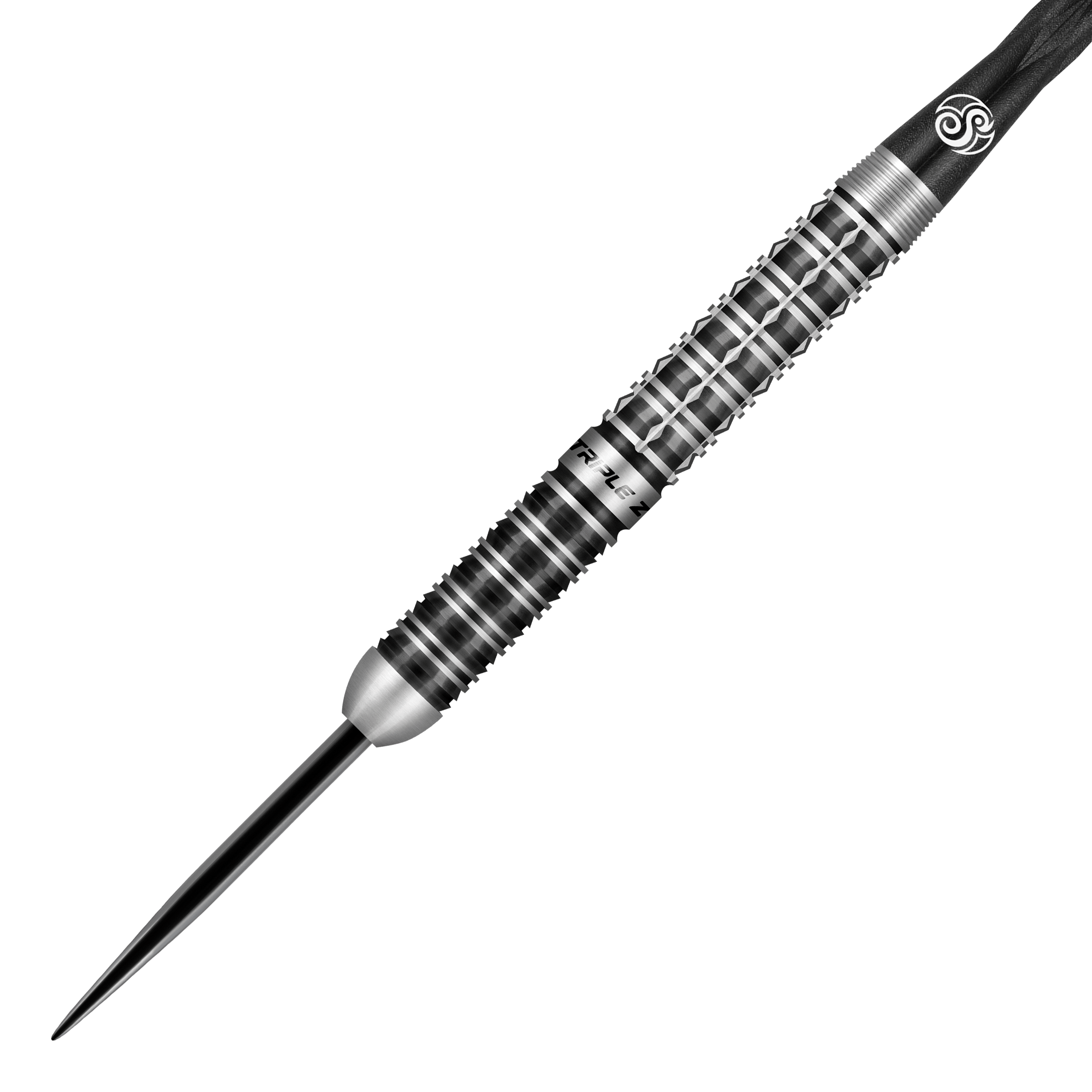 Das Bild zeigt einen Shot Niels Zonneveld V2 Steeldart. Der Dart hat ein silber-schwarzes, geriffeltes Design für besseren Halt.