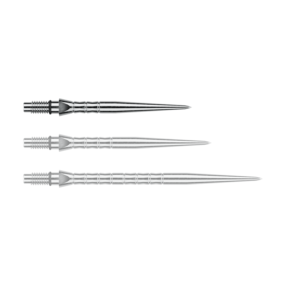 Winmau Switch Point Wave Steeldartspitzen - Silver Effect Das Foto zeigt Winmau Switch Point Wave Silver Effect Steeldartspitzen mit 26 mm. Die silberfarbenen Steeldartspitzen sind in der Nahaufnahme sichtbar.