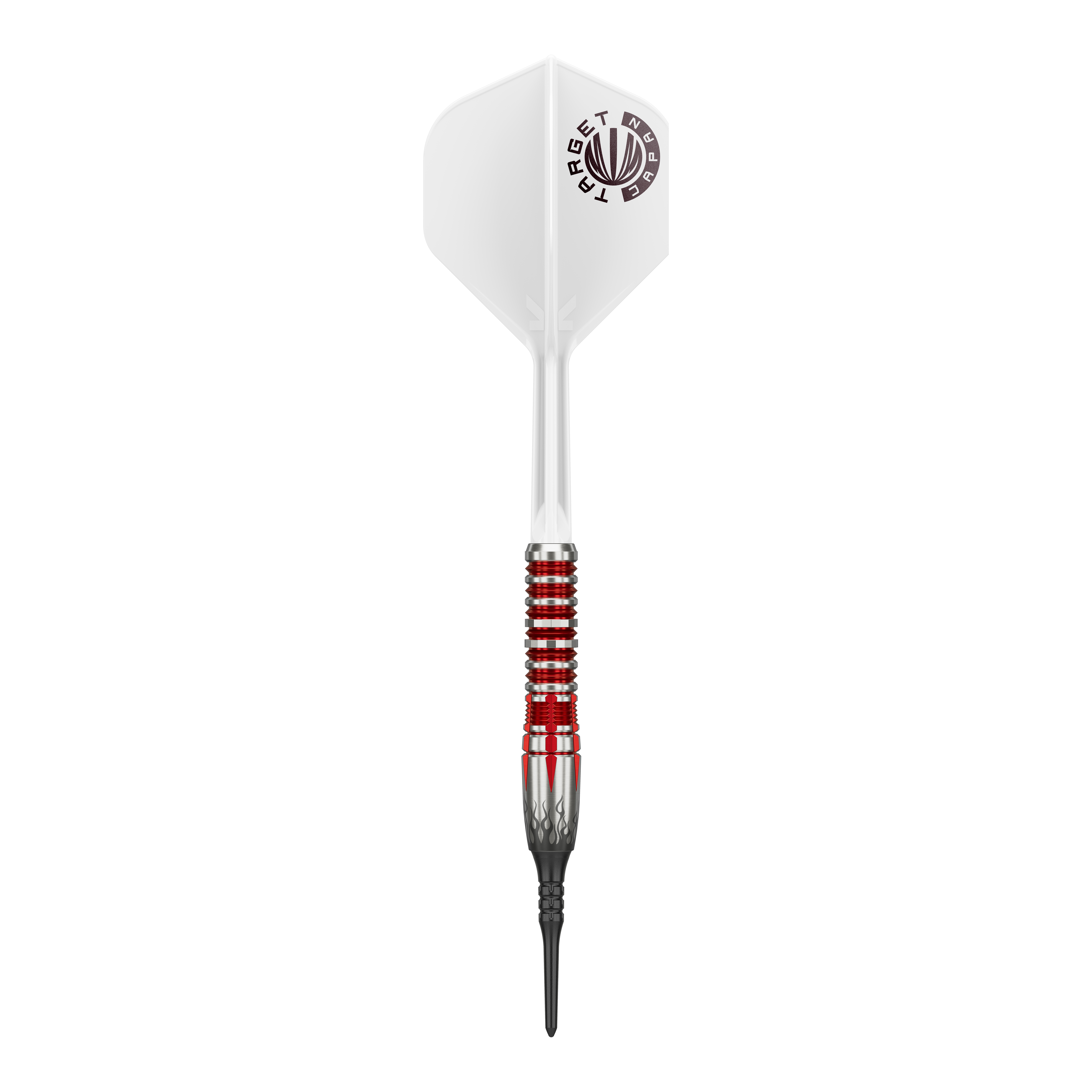 Dies ist ein Softdart des Produkts „Target Japan Misumasa Hoshino Pyro GEN10 MAX Softdarts - 19g“. Der Dartpfeil hat ein auffälliges Design mit roten und silbernen Ringen und weißen Flights.