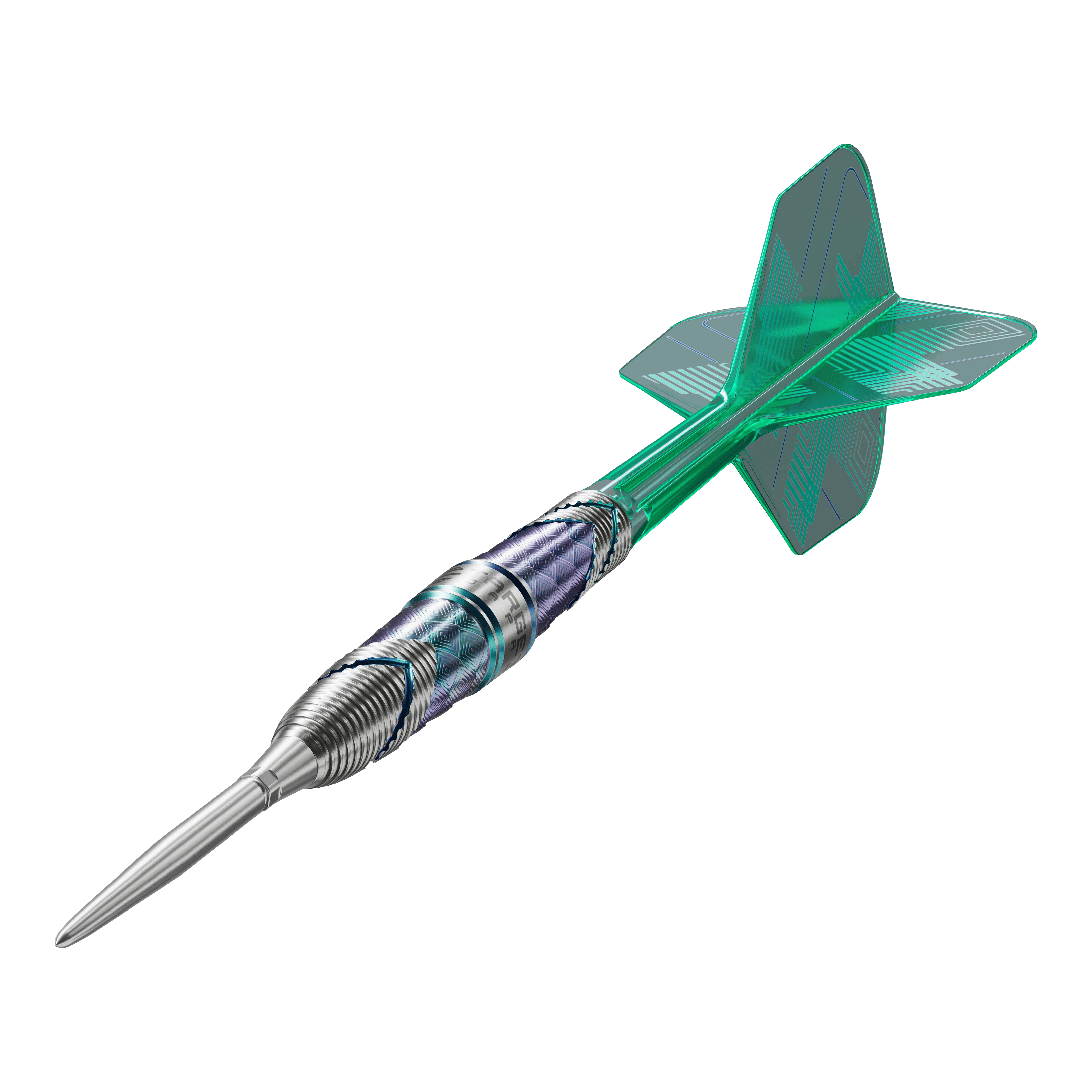 Das Bild zeigt einen Target Japan Kaze Series Ceros 01 Steeldart mit 23g Gewicht. Der Dartpfeil hat ein silbernes Griffstück und grüne Flights.