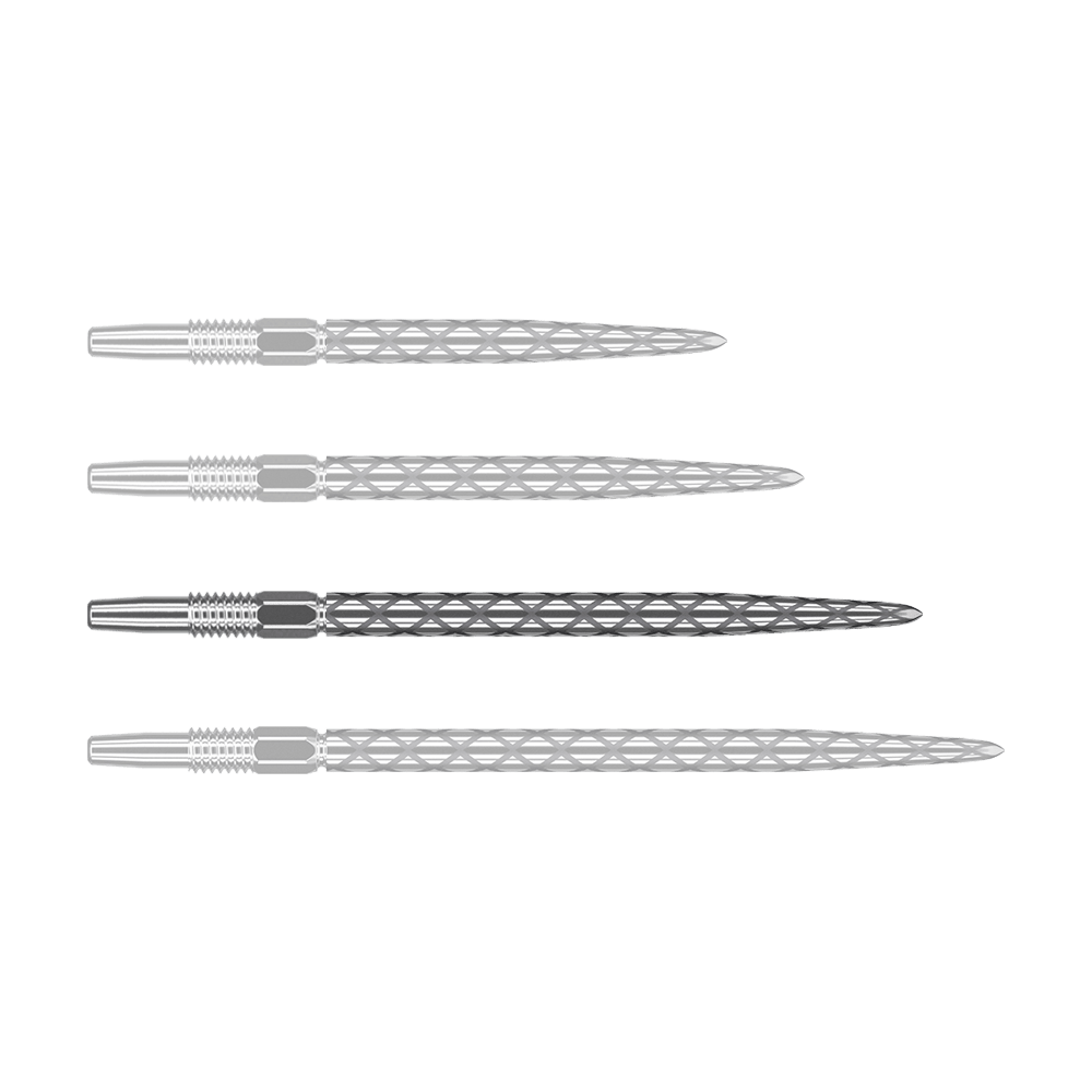 Target Swiss Diamond Pro Silver Points Dartspitzen Das Bild zeigt vier silberne Dartspitzen, die nebeneinander liegen. Jede Spitze hat eine rautenförmige Struktur und ist aus Metall gefertigt.