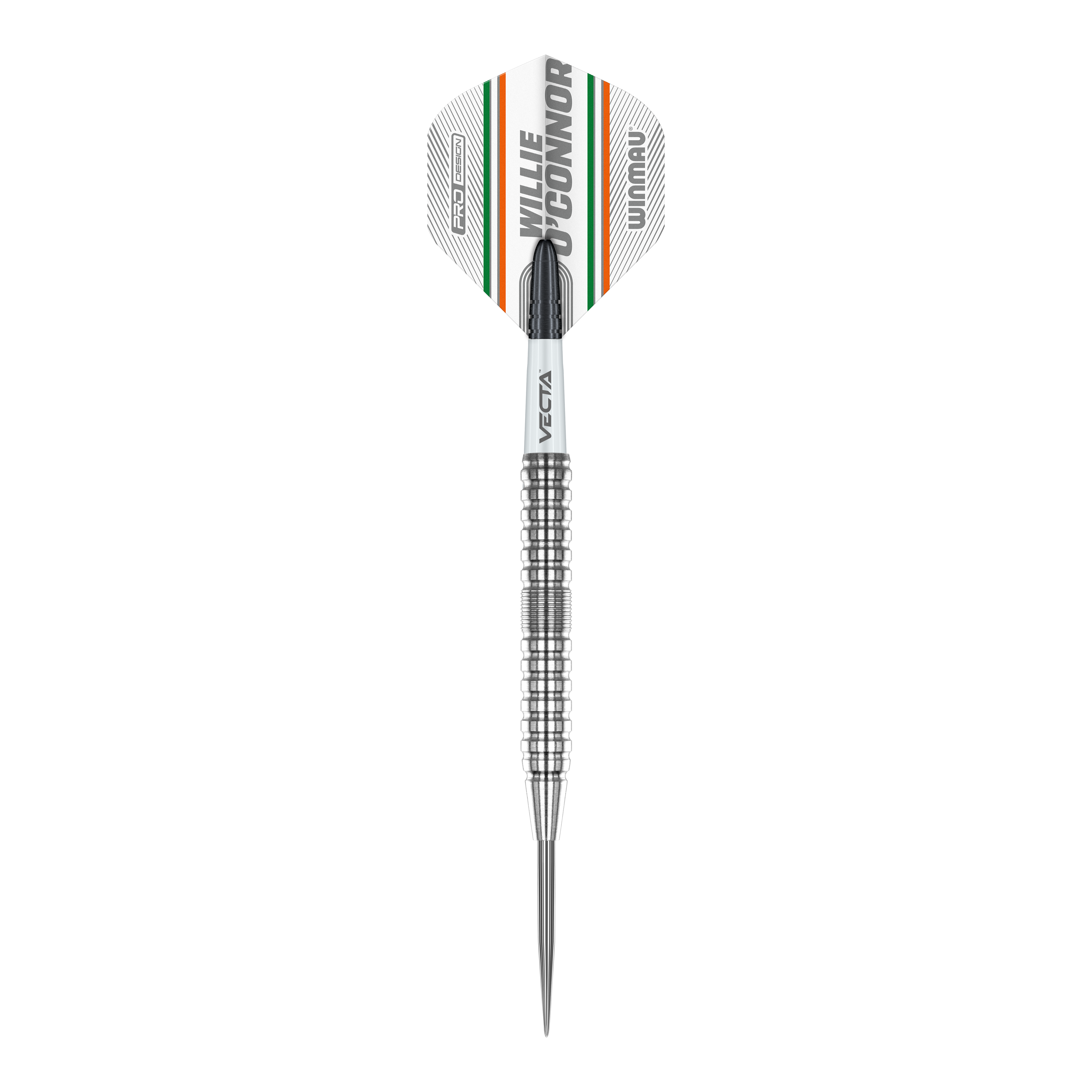 Winmau Willie OConnor Steeldarts - 23g Das Bild zeigt einen Winmau Willie O'Connor Steeldart mit 23g Gewicht. Der Dart hat ein silbernes, geriffeltes Barrel und ein Flight mit orangenen, grünen und schwarzen Streifen.