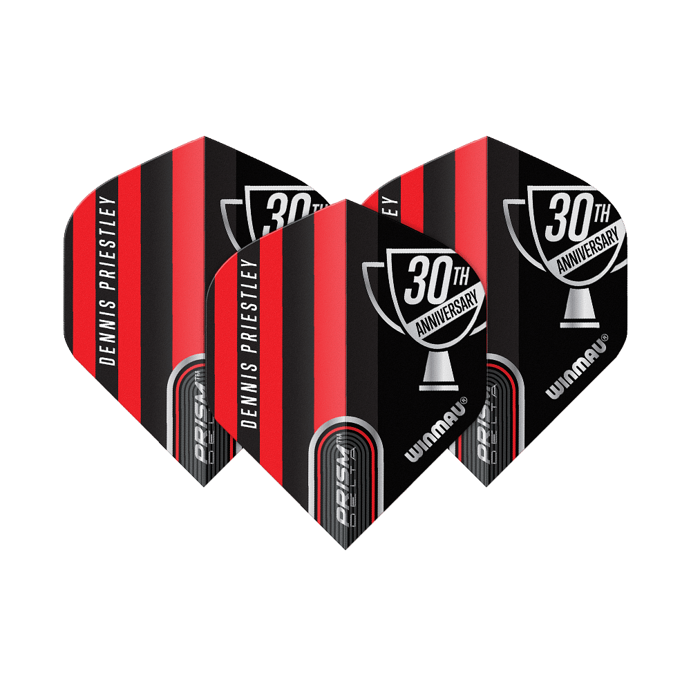 Das Bild zeigt drei Dartflights der Marke Winmau in rot-schwarzem Design. Auf den Flights steht "Dennis Priestley" und "30th Anniversary".