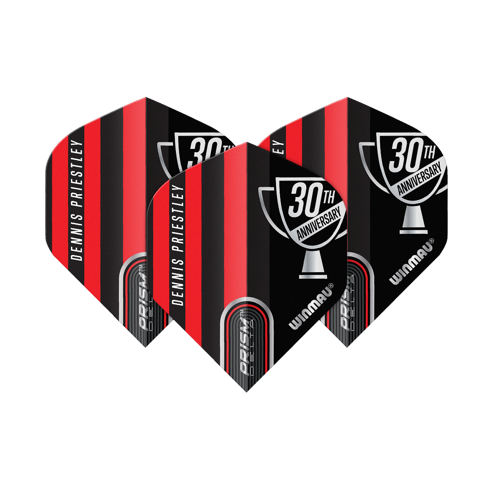 Winmau Prism Delta Dennis Priestley Diamond 3-Zero No2 Standard Flights Das Bild zeigt drei Dartflights der Marke Winmau in rot-schwarzem Design. Auf den Flights steht "Dennis Priestley" und "30th Anniversary".