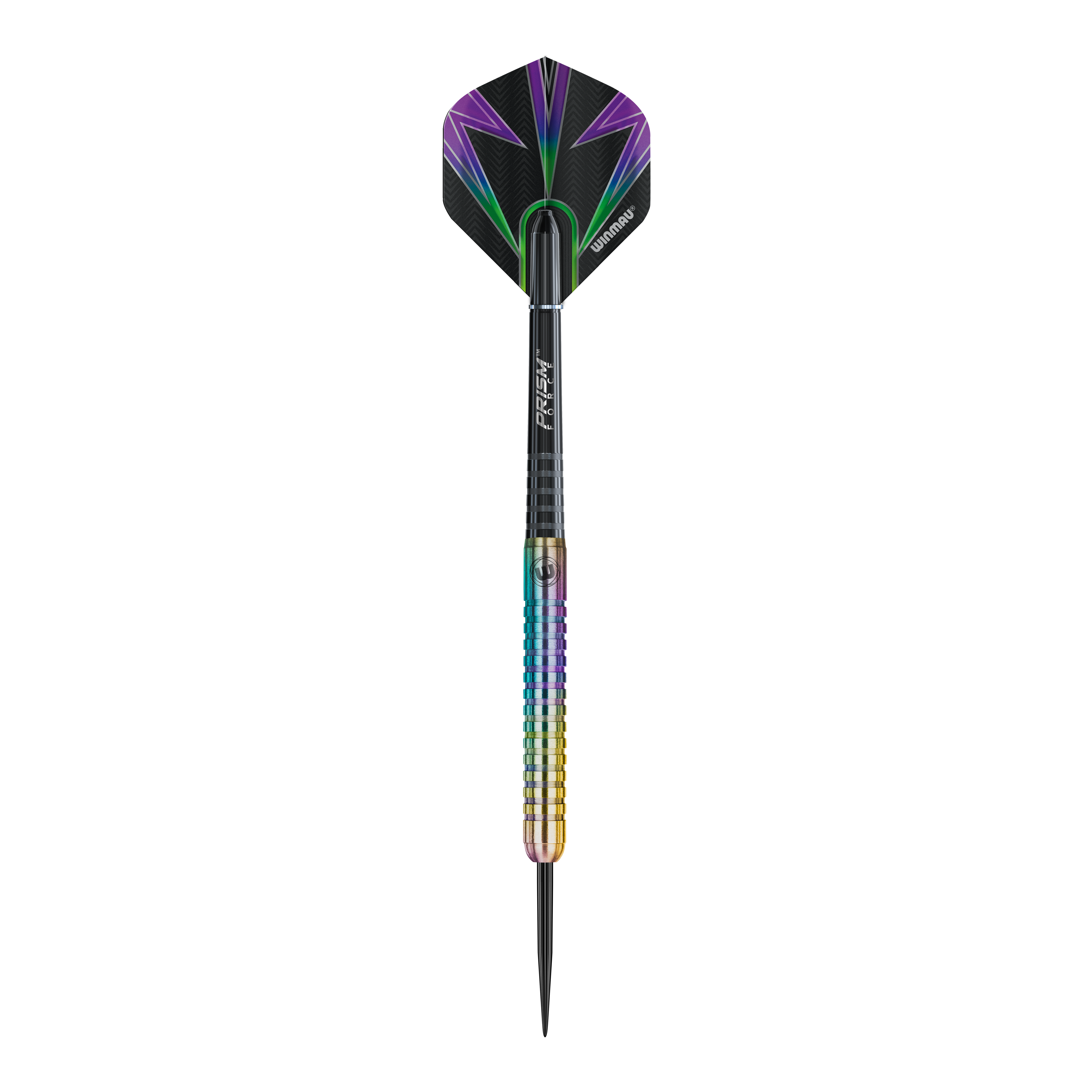 Das Bild zeigt einen Winmau Foxfire Urban Steeldart mit buntem Schaft und moderner Optik. Die Flight ist schwarz mit lila und grünen Akzenten gestaltet.