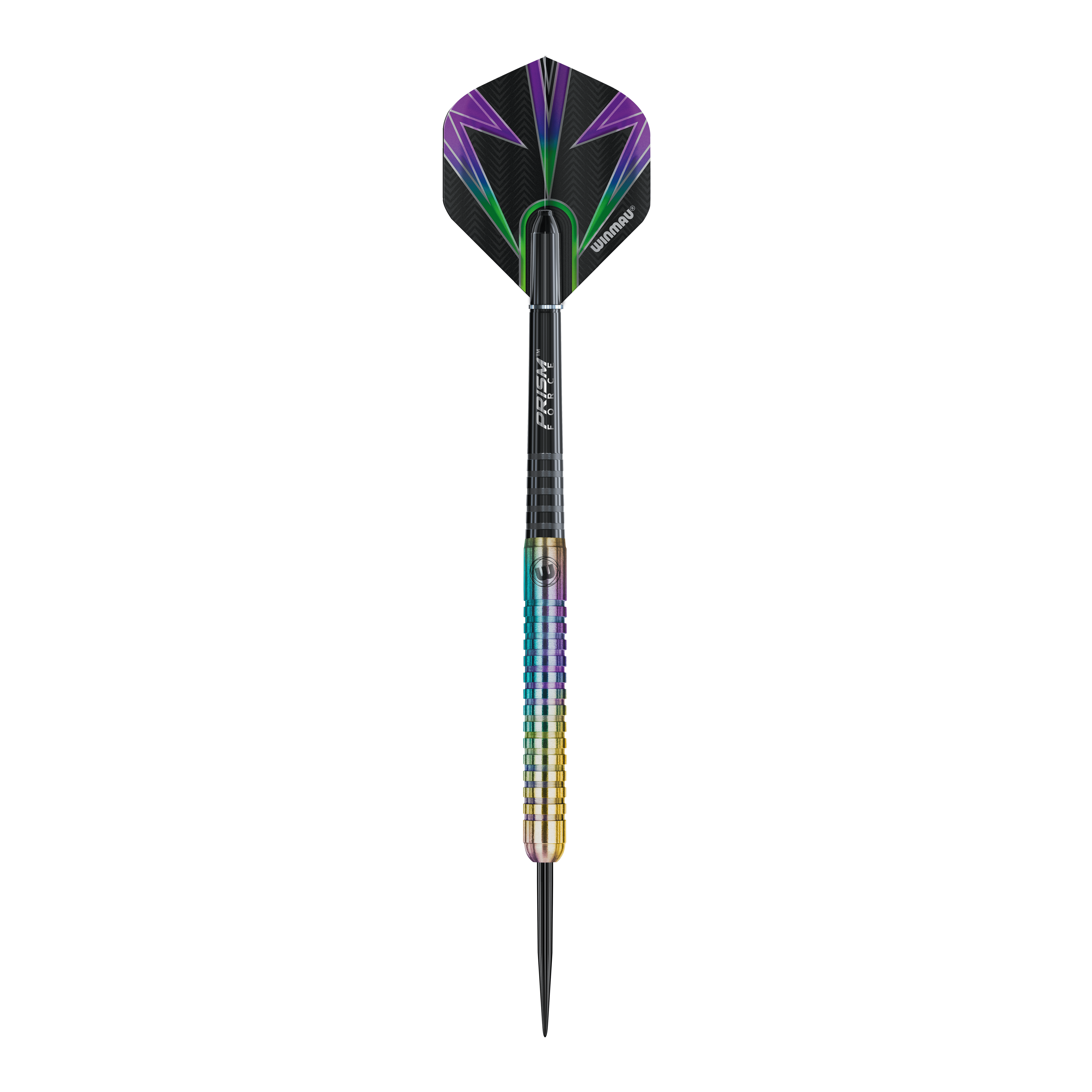 Winmau Foxfire Urban Steeldarts Das Bild zeigt einen Winmau Foxfire Urban Steeldart mit buntem Schaft und moderner Optik. Die Flight ist schwarz mit lila und grünen Akzenten gestaltet.