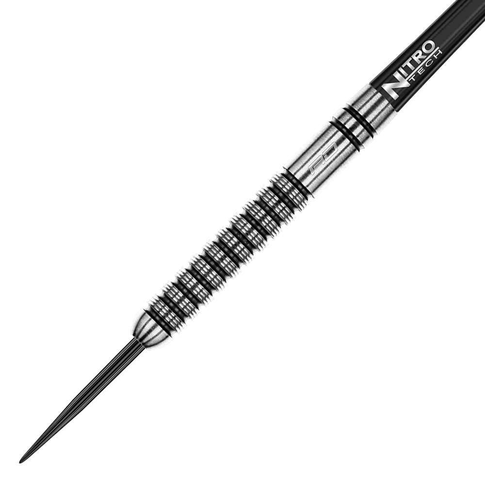 RD2554_Red_Dragon_Gian_Van_Veen_Steeldarts_2 Das Bild zeigt einen Red Dragon Gian Van Veen Steeldart mit einem Gewicht von 21g. Der Dart ist silberfarben mit schwarzem Griffmuster und besitzt einen „Nitro Tech“-Schaft.