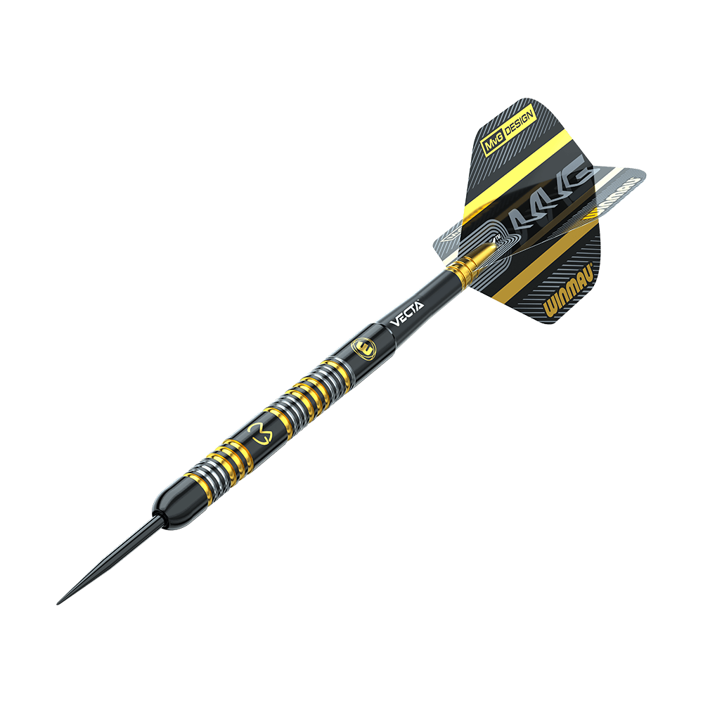 Dieser Dartpfeil ist schwarz und gelb mit silbernen Ringen am Schaft. Auf der Flights steht "WINMAU" und "MvG DESIGN".