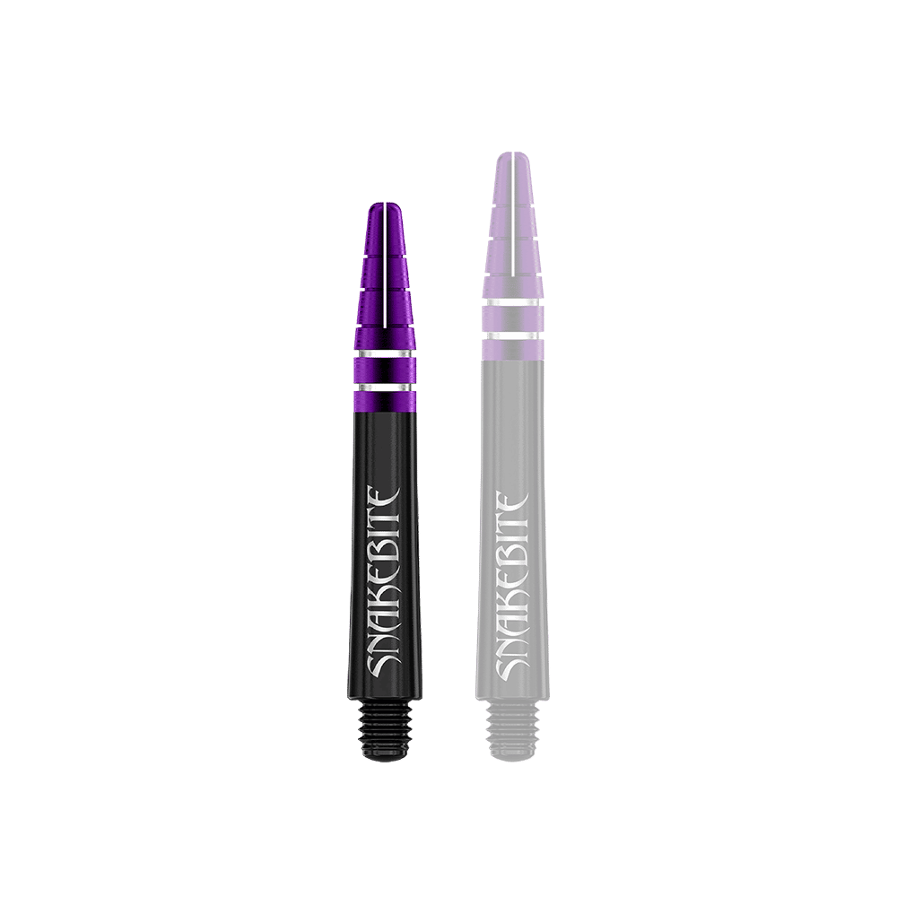 Das Bild zeigt zwei schwarze Dart-Schäfte mit violettem Kopf und silbernen Akzenten. Auf den Schäften steht in weißer Schrift das Wort „SNAKEBITE“.