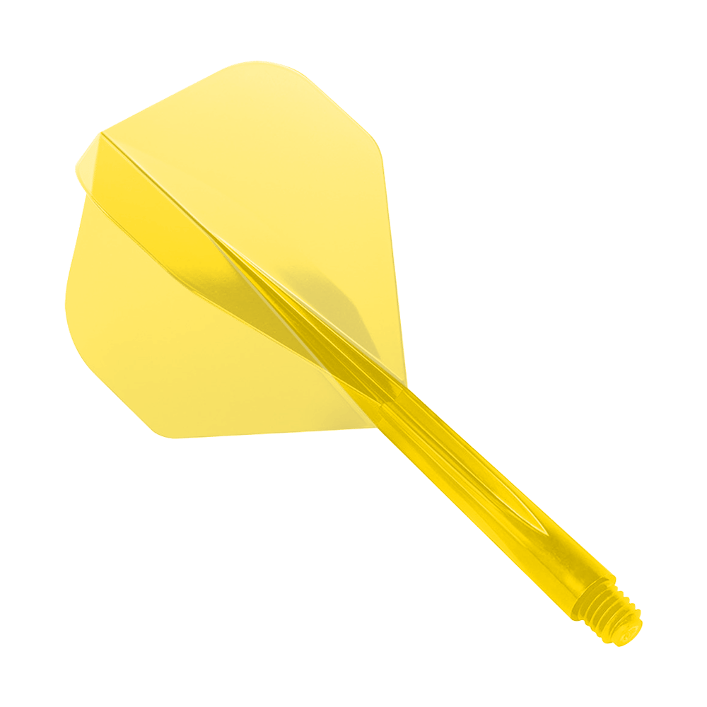 Das Bild zeigt das Produkt "Condor Axe Clear Yellow Flight-System Standard". Es handelt sich um eine transparente gelbe Dartflügel- und Schaft-Kombination.