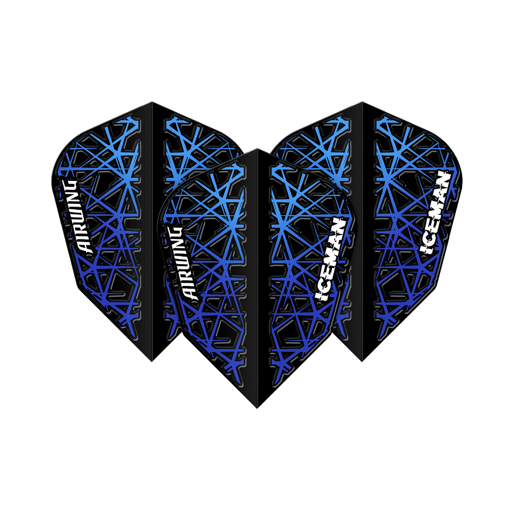 Das Bild zeigt vier blaue Dart-Flights mit einem schwarzen, geometrischen Muster. Auf den Flights stehen die Wörter "AIRWING" und "ICEMAN" in weißer Schrift.