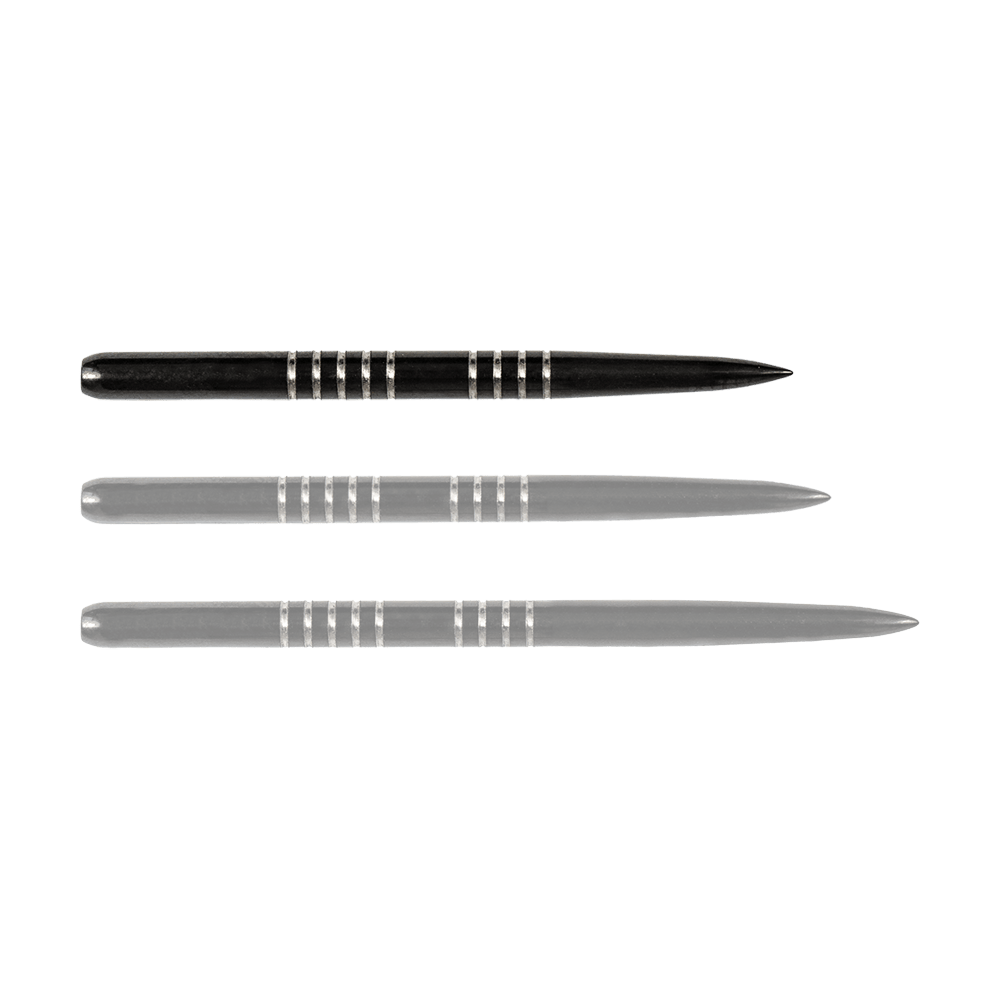 57741_Bulls_GP1_Steeldartspitzen_Schwarz_34mm_1S43CBIyrlkixz Das Bild zeigt drei schwarze Steeldartspitzen des Modells "Bulls GP1". Sie sind schlank und haben mehrere silberne Rillen zur besseren Griffigkeit.