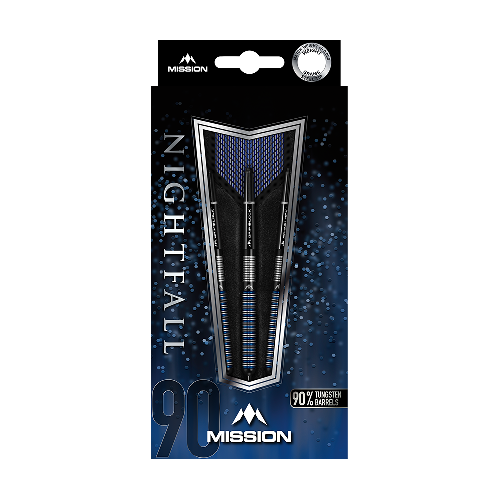Mission Nightfall Model 1 Steeldarts Das Bild zeigt die Verpackung der "Mission Nightfall Model 1 Steeldarts". Die Darts bestehen zu 90 % aus Tungsten und sind elegant in einer blau-schwarzen Schachtel präsentiert.