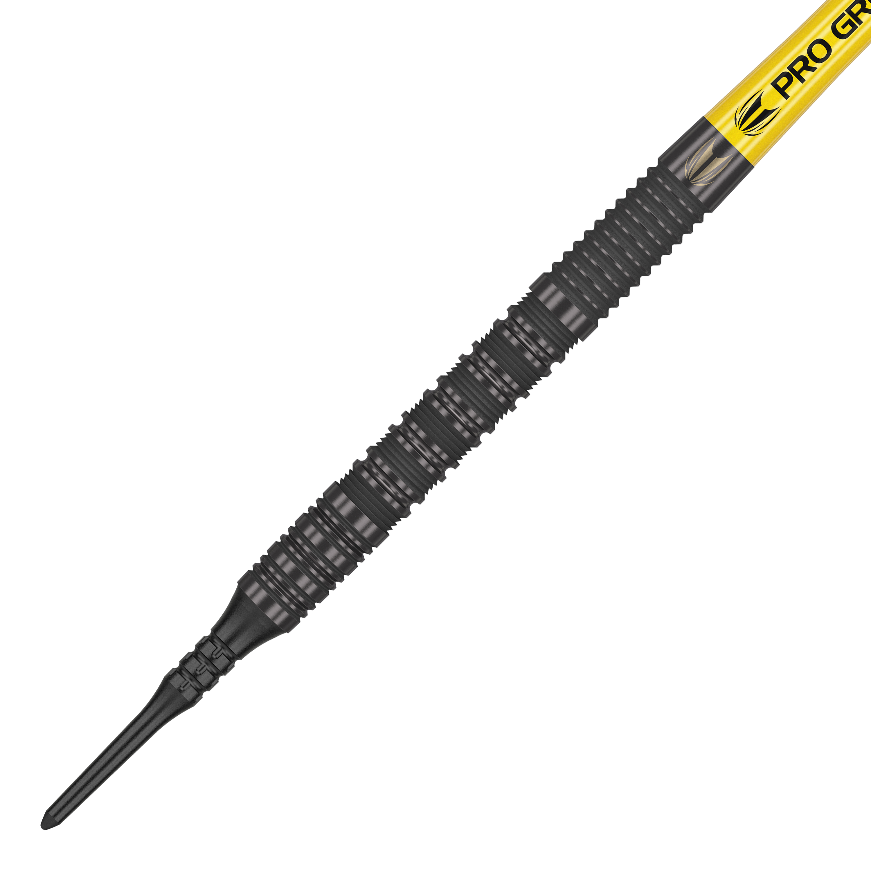 Das Bild zeigt einen Target Bolide Void 10 Softdart mit einer schwarzen, strukturierten Spitze. Am oberen Ende ist ein gelber Schaft mit der Aufschrift "Pro Grip" zu sehen.