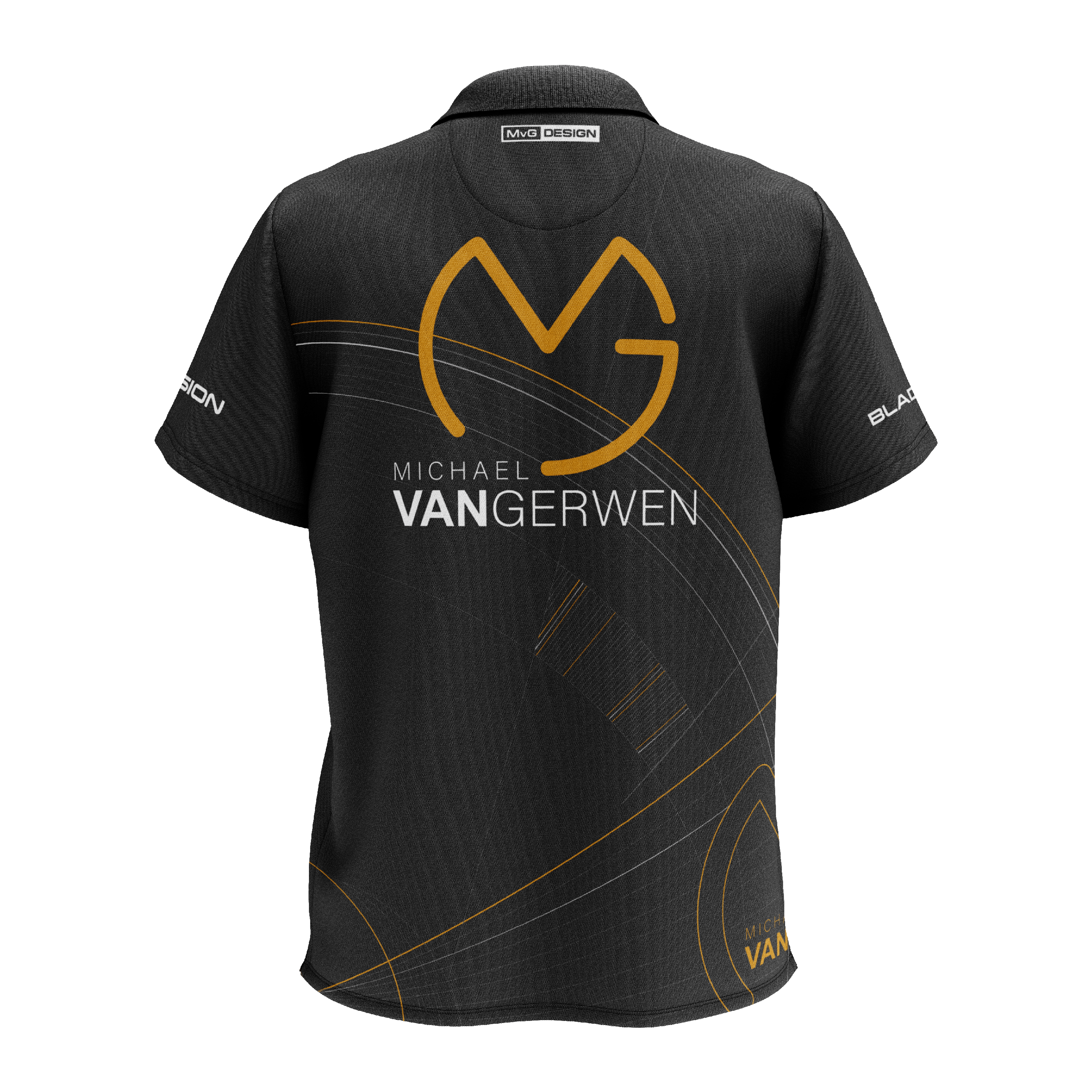 Das Bild zeigt ein schwarzes Dartshirt mit goldenen und weißen Akzenten. Auf der Rückseite steht "Michael van Gerwen" zusammen mit einem großen, stilisierten "MVG"-Logo.