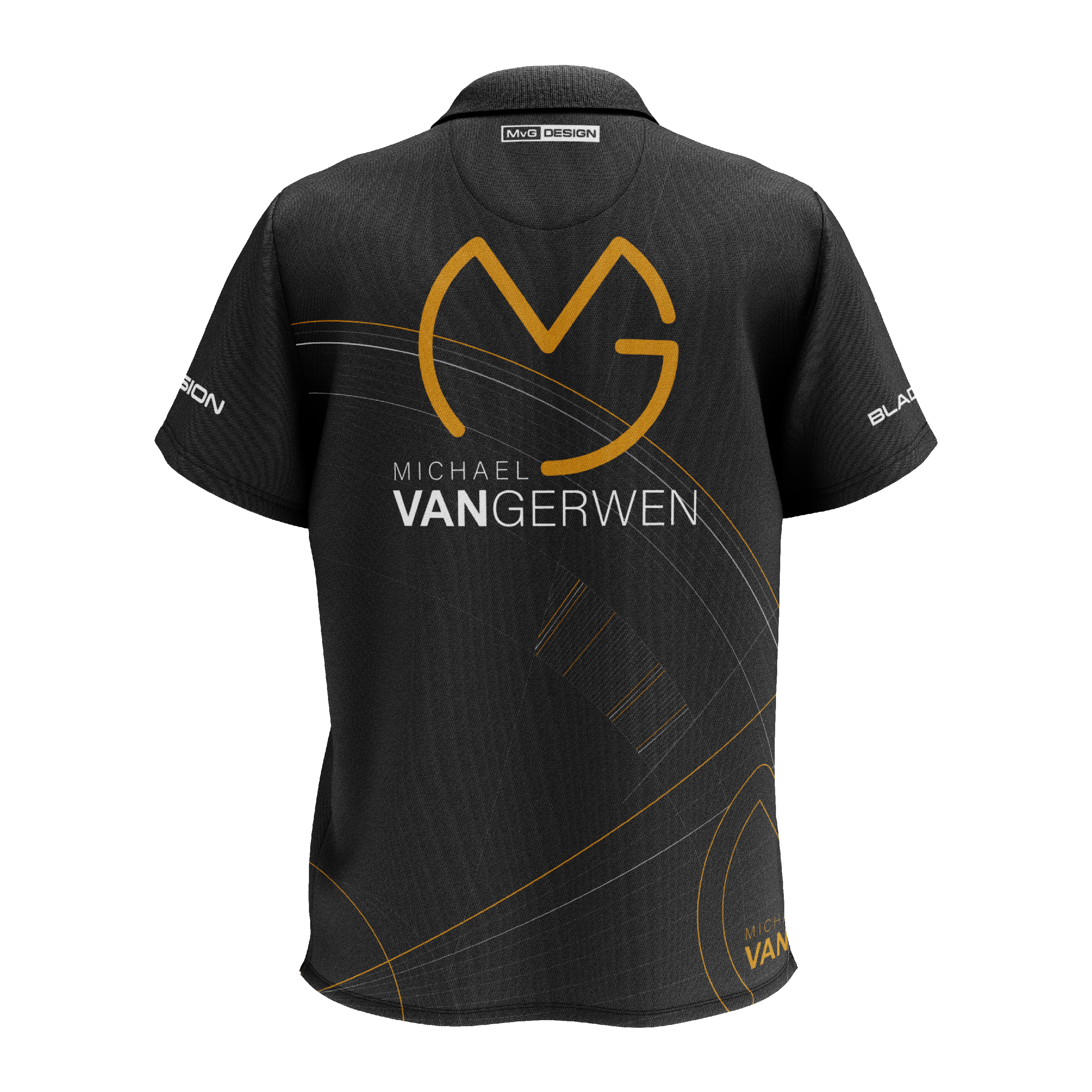 Winmau Limited Edition Tour Polo Dartshirt Das Bild zeigt ein schwarzes Dartshirt mit goldenen und weißen Akzenten. Auf der Rückseite steht "Michael van Gerwen" zusammen mit einem großen, stilisierten "MVG"-Logo.