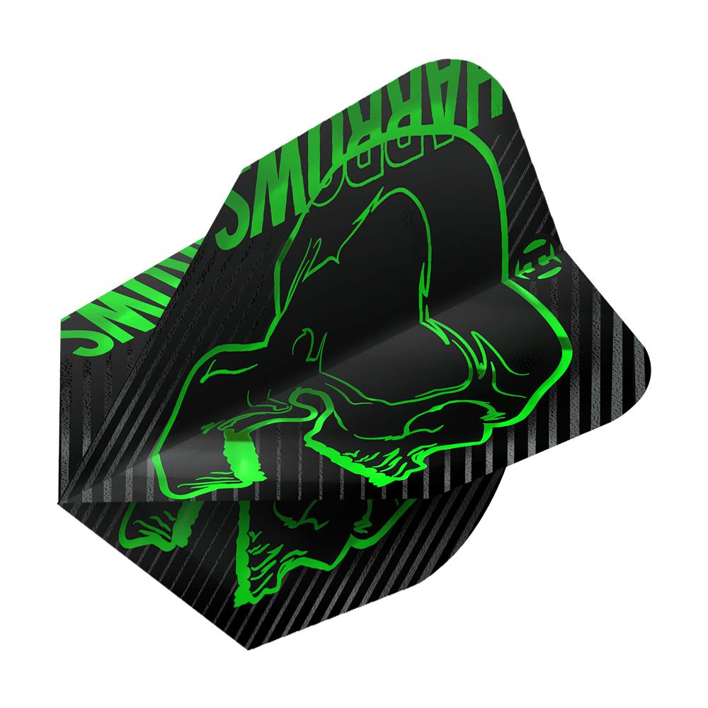 Harrows Rage Green No6 Flights Das Bild zeigt das Produkt "Harrows Rage Green No6 Flights". Die Dart-Flights sind schwarz mit grünen, auffälligen Grafiken und Schriftzügen gestaltet.