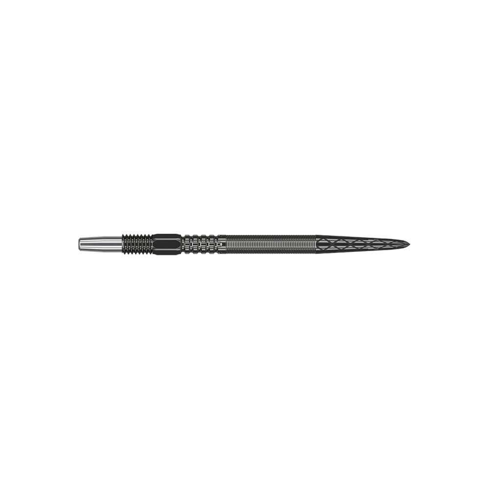 340053_Target_Swiss_Point_DX_Black_Dartspitzen_30mm_2 Das Bild zeigt eine schwarze Dartspitze mit feinen Rillen und einem gezackten Muster. Sie ist schmal und wirkt wie für präzises Werfen entworfen.