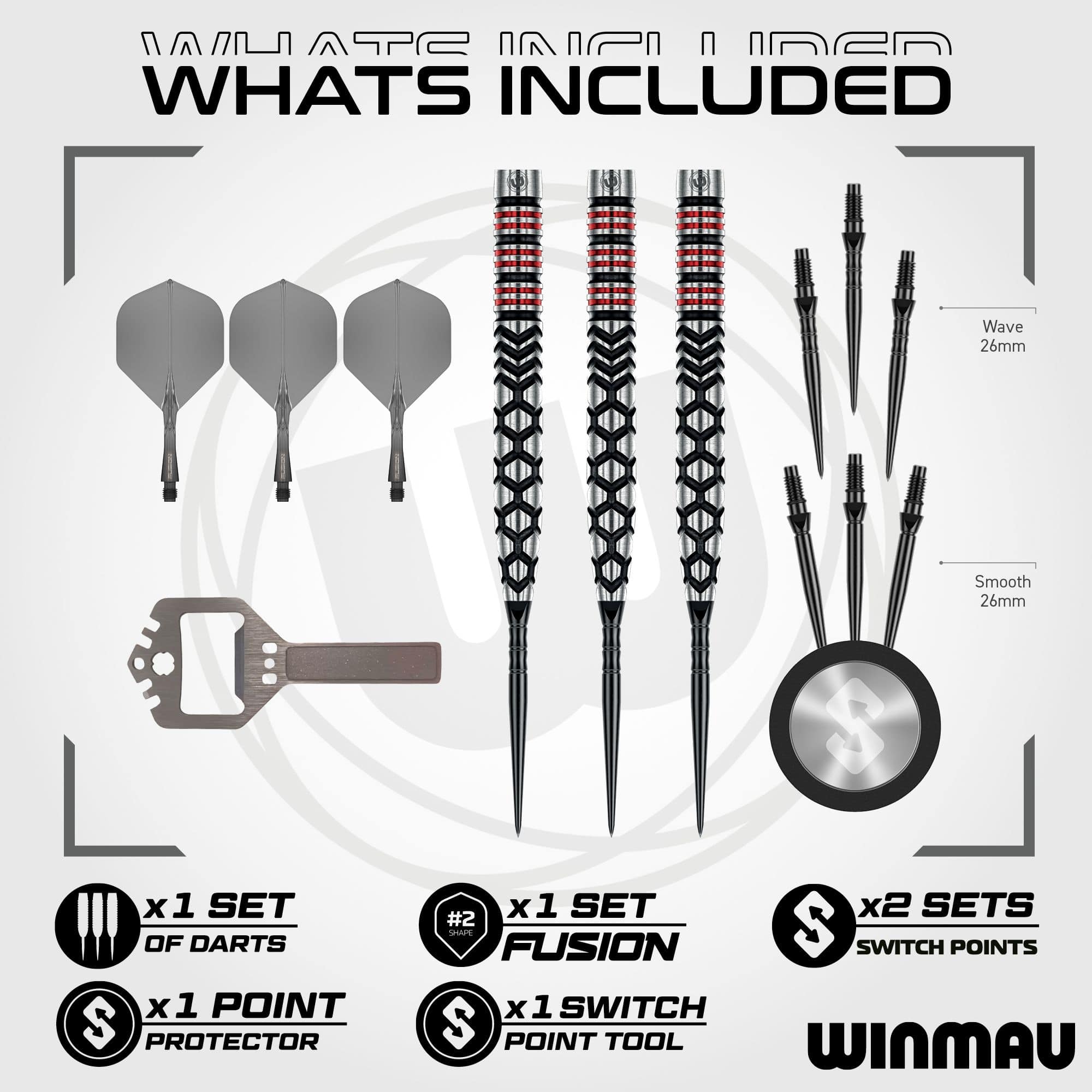 Winmau Fornax Tapered Switch Point Steeldarts Das Bild zeigt die Winmau Fornax Tapered Switch Point Steeldarts. Es sind hochwertige Darts mit einem spitz zulaufenden Design.