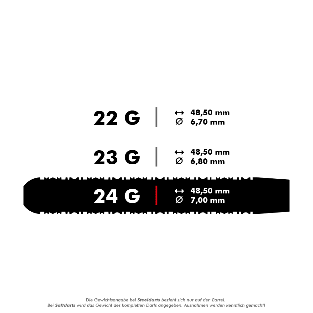 Das Bild zeigt die technischen Daten eines Steeldarts mit einem Gewicht von 24 Gramm. Der Dart ist 48,50 mm lang und hat einen Durchmesser von 7,00 mm.