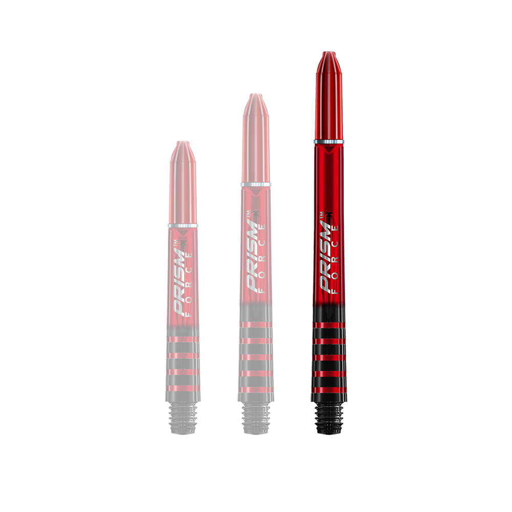 7020-204_Winmau_Prism_Force_Shafts_Rot_48mm_15kfSSONQBcX5H Auf dem Bild sind drei rote Dartshafts mit schwarzem Schraubgewinde zu sehen. Sie sind unterschiedlich lang und tragen die Aufschrift "Prism Force".