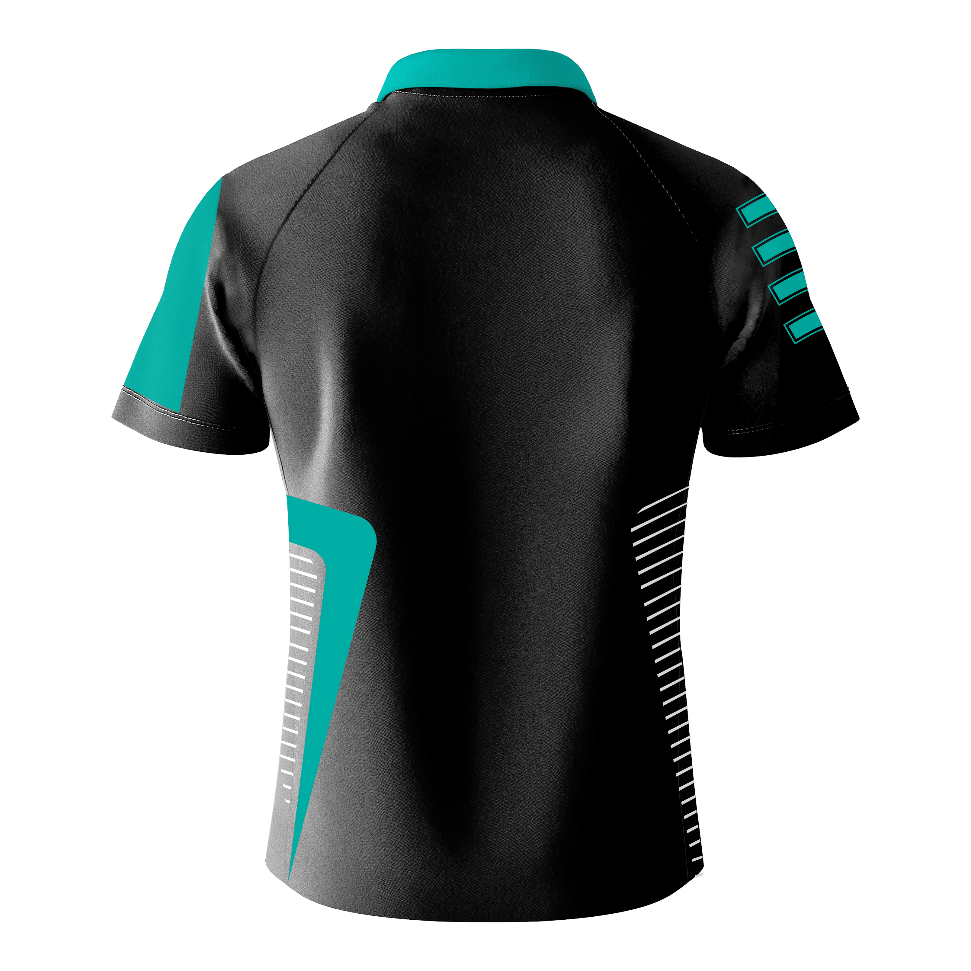 Das Bild zeigt das "Bulls Team Dartshirt - Mint" von hinten. Das Shirt ist überwiegend schwarz mit mintfarbenen und weißen Akzenten.