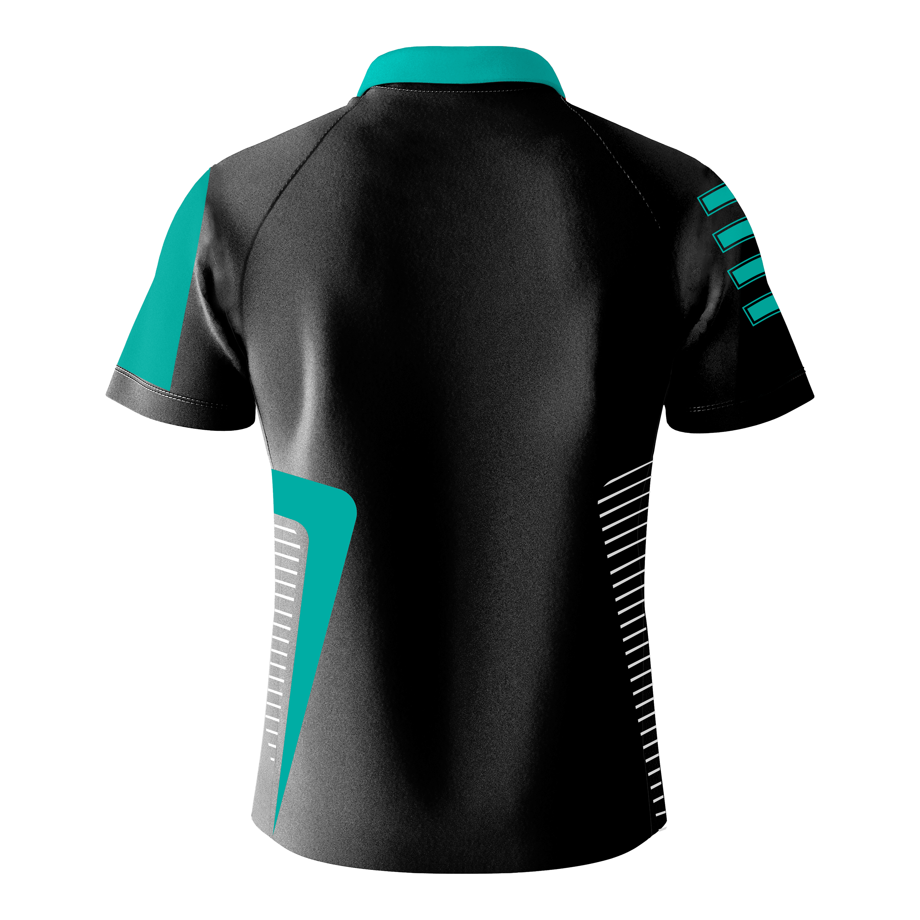 Bulls Team Dartshirt - Mint Das Bild zeigt das "Bulls Team Dartshirt - Mint" von hinten. Das Shirt ist überwiegend schwarz mit mintfarbenen und weißen Akzenten.
