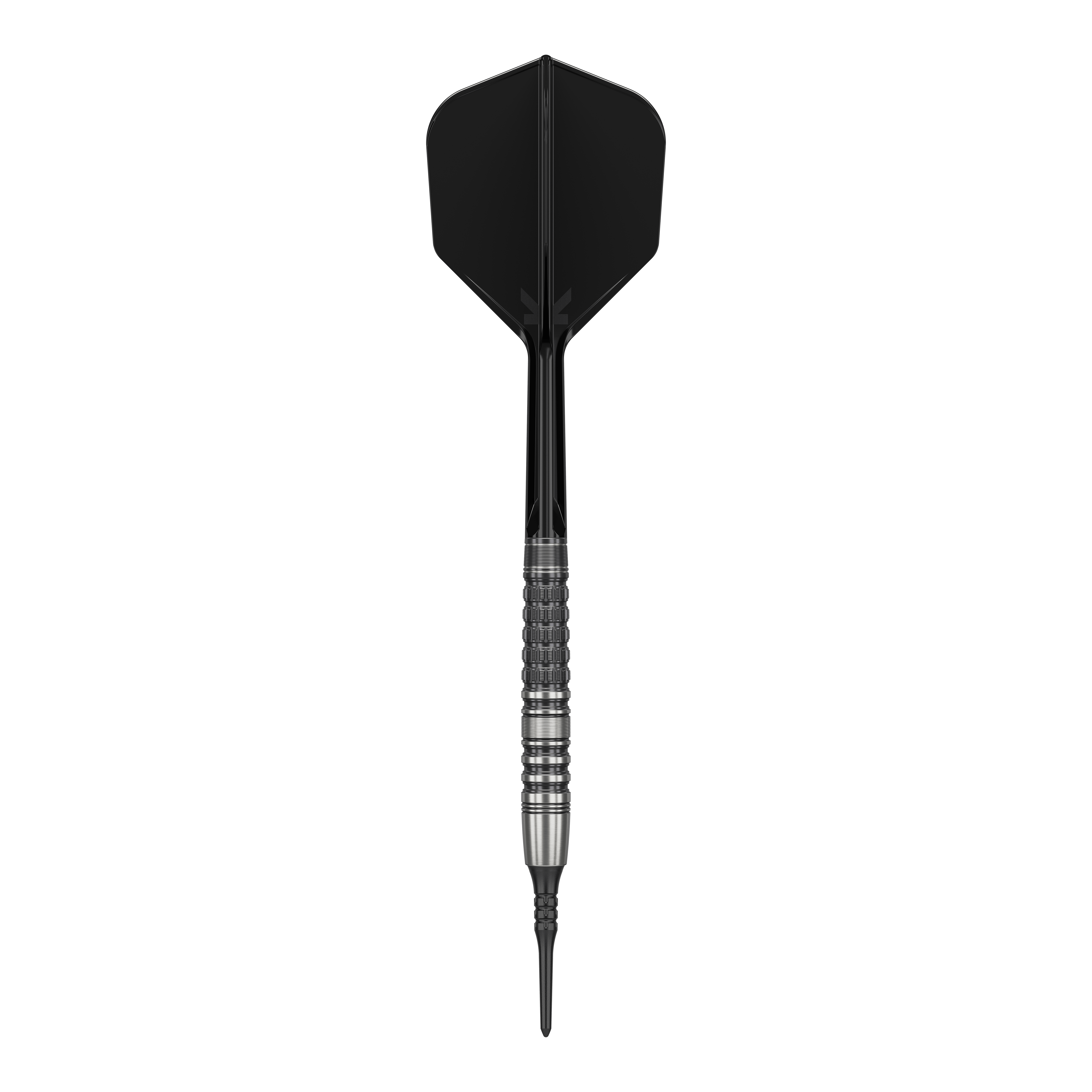 Das Bild zeigt einen Softdart mit schwarzer Spitze, schwarzem Shaft und Flight sowie einem silbernen, strukturierten Barrel. Es handelt sich um den "Target Japan Black Marque Lumiere GEN3 Softdarts - 18,5g".