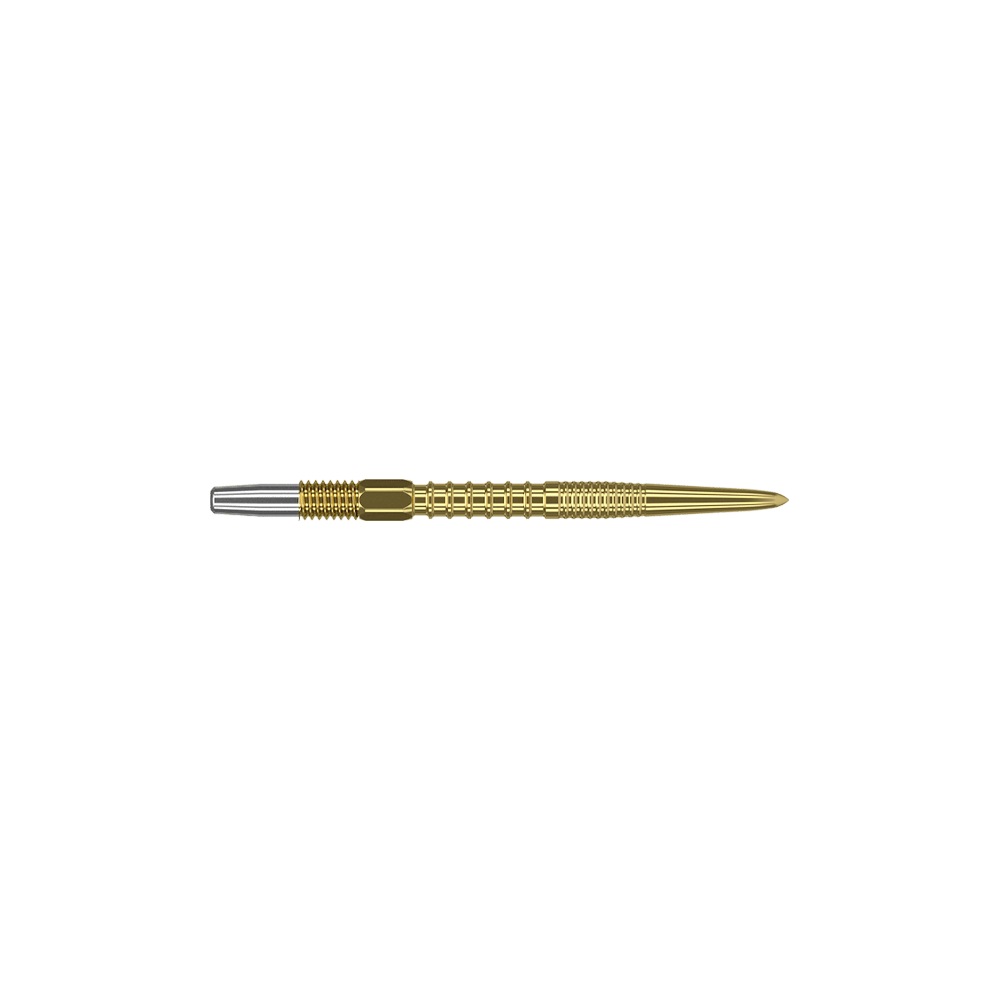 Target Swiss Firepoint Gold Dartspitzen Auf dem Bild ist eine goldfarbene Dartspitze zu sehen. Sie hat eine detaillierte, geriffelte Struktur und ein silbernes Gewinde am Ende.