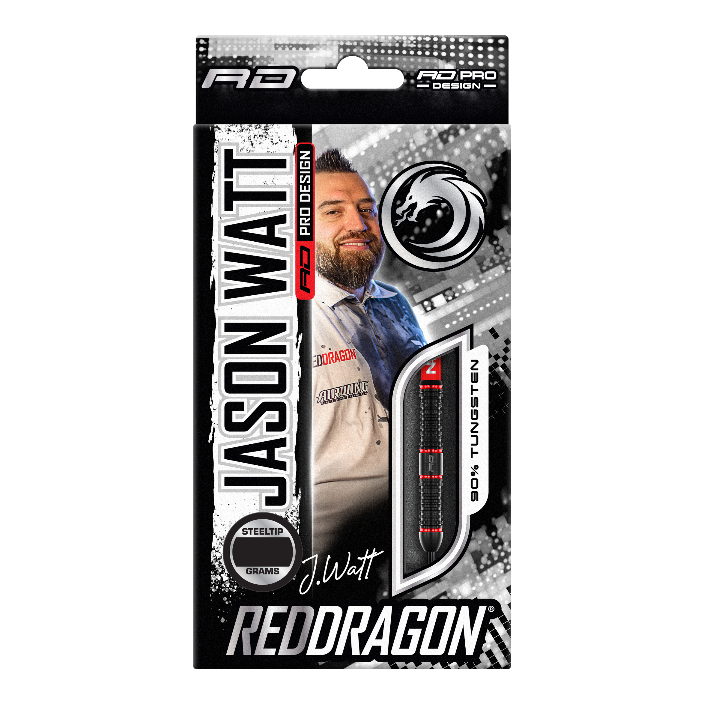 Red Dragon Jason Watt Steeldarts - 22g Die Abbildung zeigt die Verpackung der "Red Dragon Jason Watt Steeldarts - 22g". Auf der Vorderseite sind ein Bild von Jason Watt, der Dartpfeil und das Red Dragon-Logo zu sehen.
