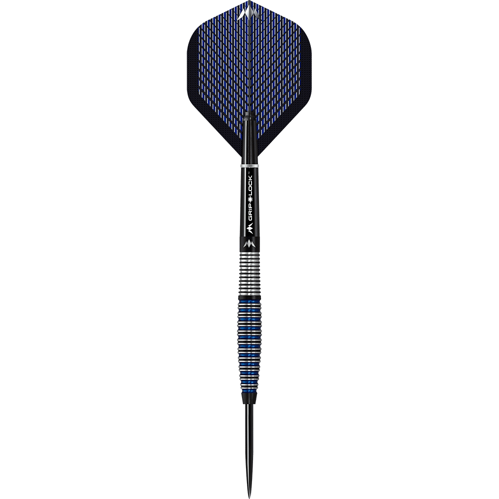 Dies ist ein Steeldart aus der Serie "Mission Nightfall Model 4". Er hat ein modernes Design mit schwarzen und blauen Akzenten.