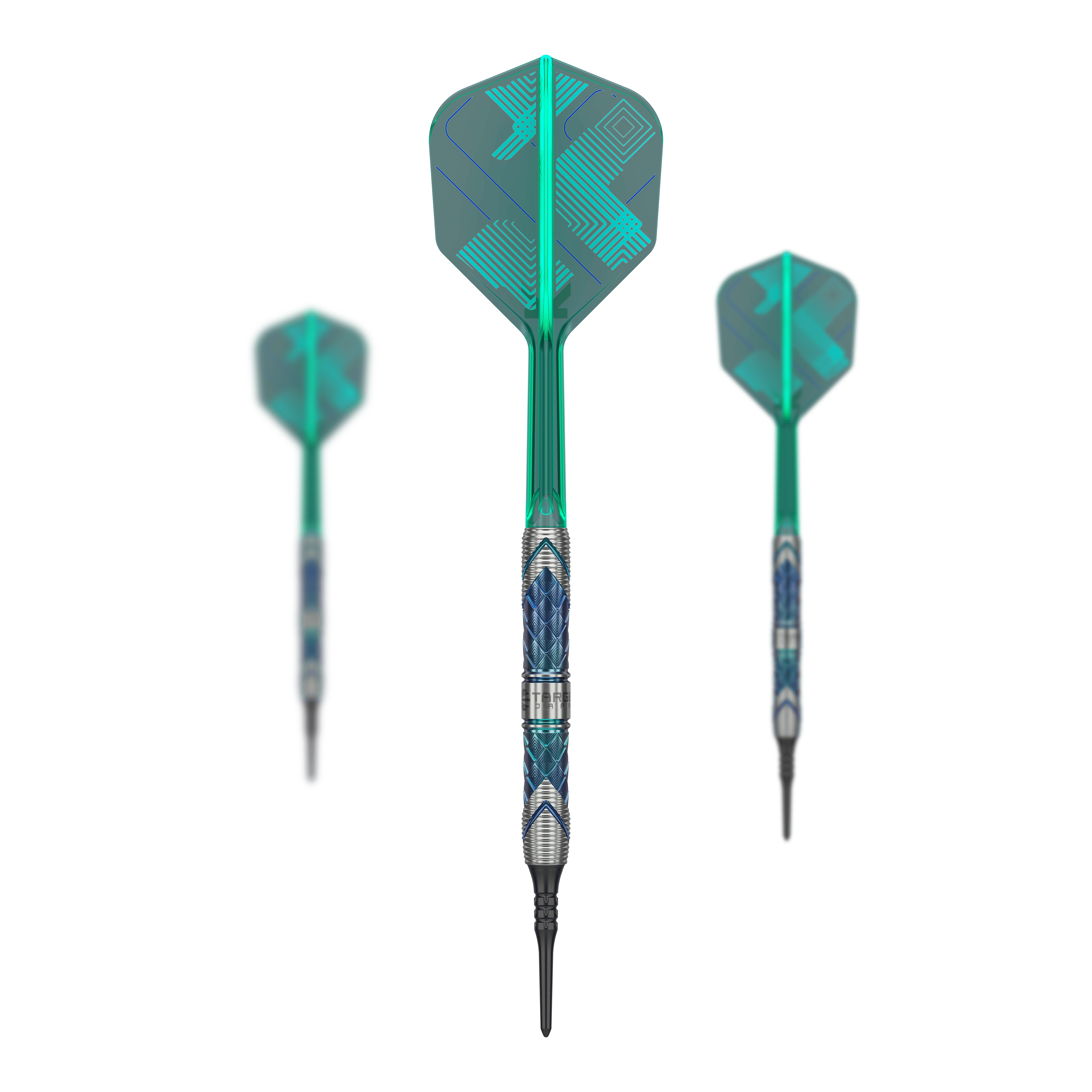 Das Bild zeigt drei Softdarts aus der Target Japan Kaze Series Ceros 03, 19g. Die Darts haben auffällige grün-blaue Flights und einen silbernen, gemusterten Barrel.