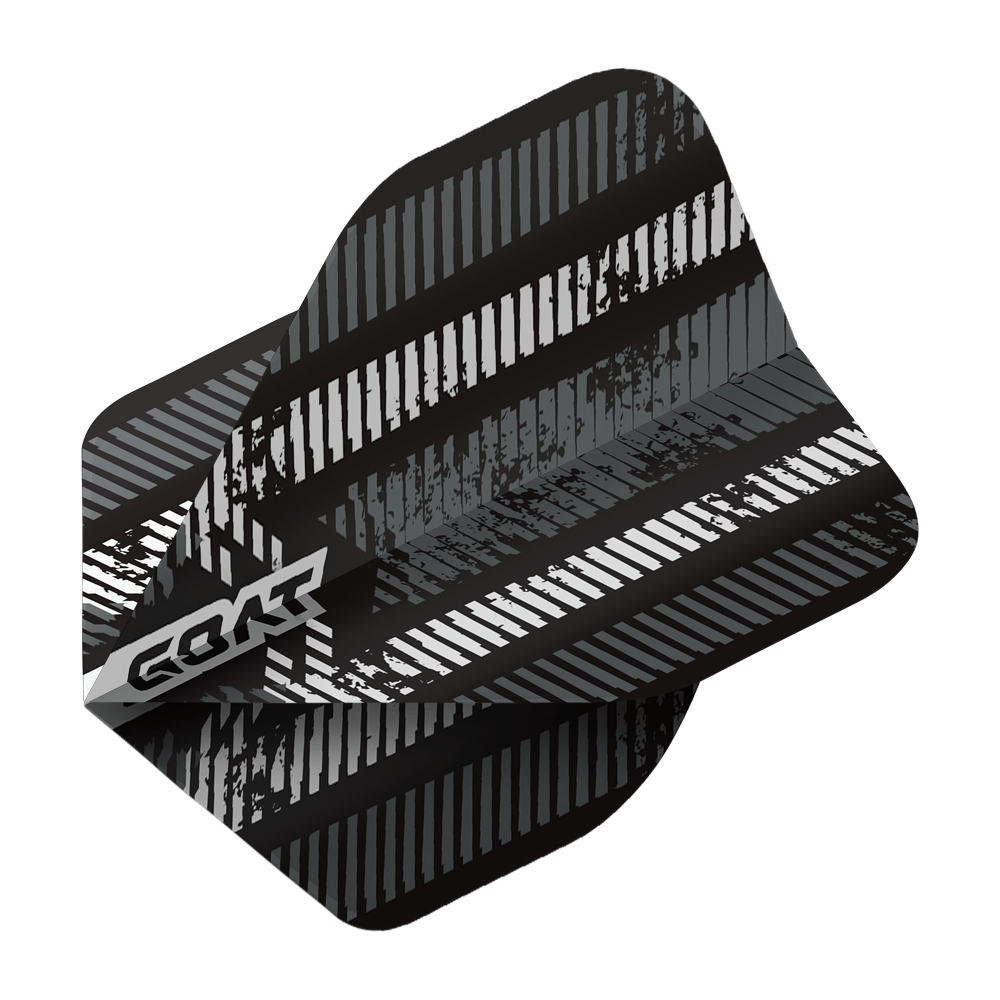 Das Bild zeigt das Produkt "GOAT Sprocket No2 Standard Flights". Die Flights sind schwarz mit weißen und grauen Streifen und einem modernen Design.