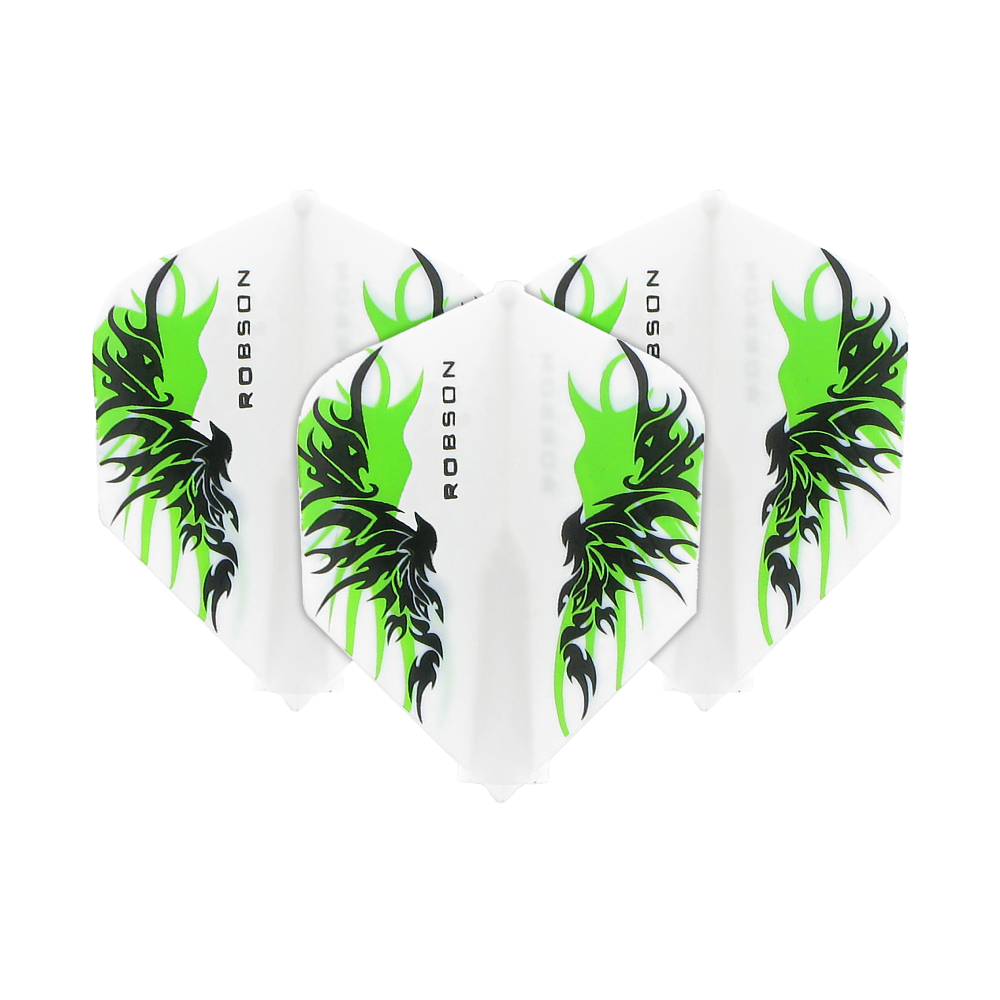 Robson Plus Flights Standard Finn White Die Abbildung zeigt drei Dart-Flights des Modells "Robson Plus Flights Standard Finn White". Sie sind weiß mit einem schwarzen und grünen Flammenmuster sowie der Aufschrift "ROBSON".