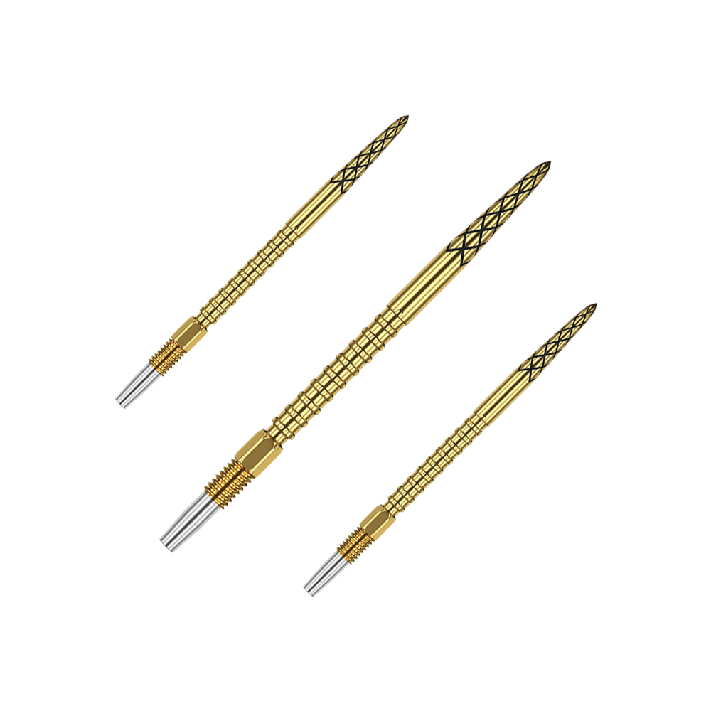 Target Swiss DS Surge Point Dartspitzen - Gold Auf dem Bild sind drei goldene Dartspitzen mit schwarzen Rillen zu sehen. Sie sind lang und haben ein silbernes Gewinde am unteren Ende.