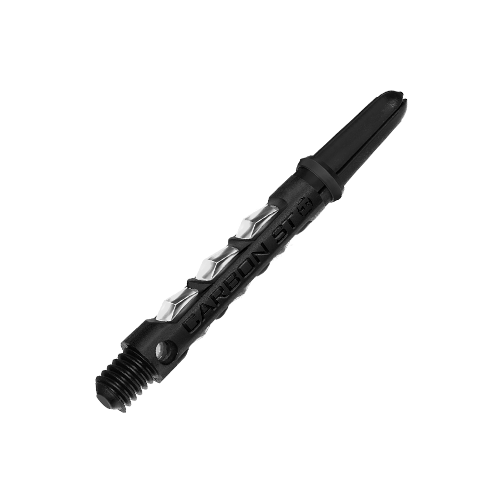 Das Bild zeigt einen Harrows Carbon ST Shafts - Clear für Darts. Der Schaft ist schwarz und hat ein modernes, strukturiertes Design.