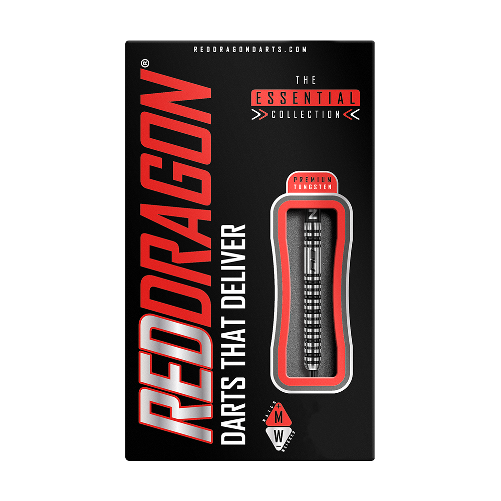 Auf dem Bild ist eine Verpackung für Darts der Marke RedDragon zu sehen. In der Mitte der Verpackung befindet sich ein Dartpfeil, und der Schriftzug "DARTS THAT DELIVER" ist deutlich lesbar.