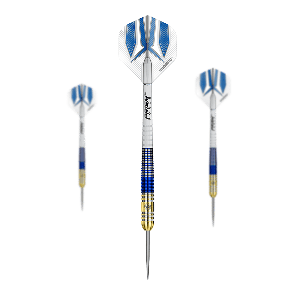 Das Bild zeigt drei Winmau Steve Beaton Tungsten Steeldarts mit blauen und goldenen Akzenten. Die Flights sind weiß mit blauen Mustern und der mittlere Dart ist im Vordergrund deutlich sichtbar.